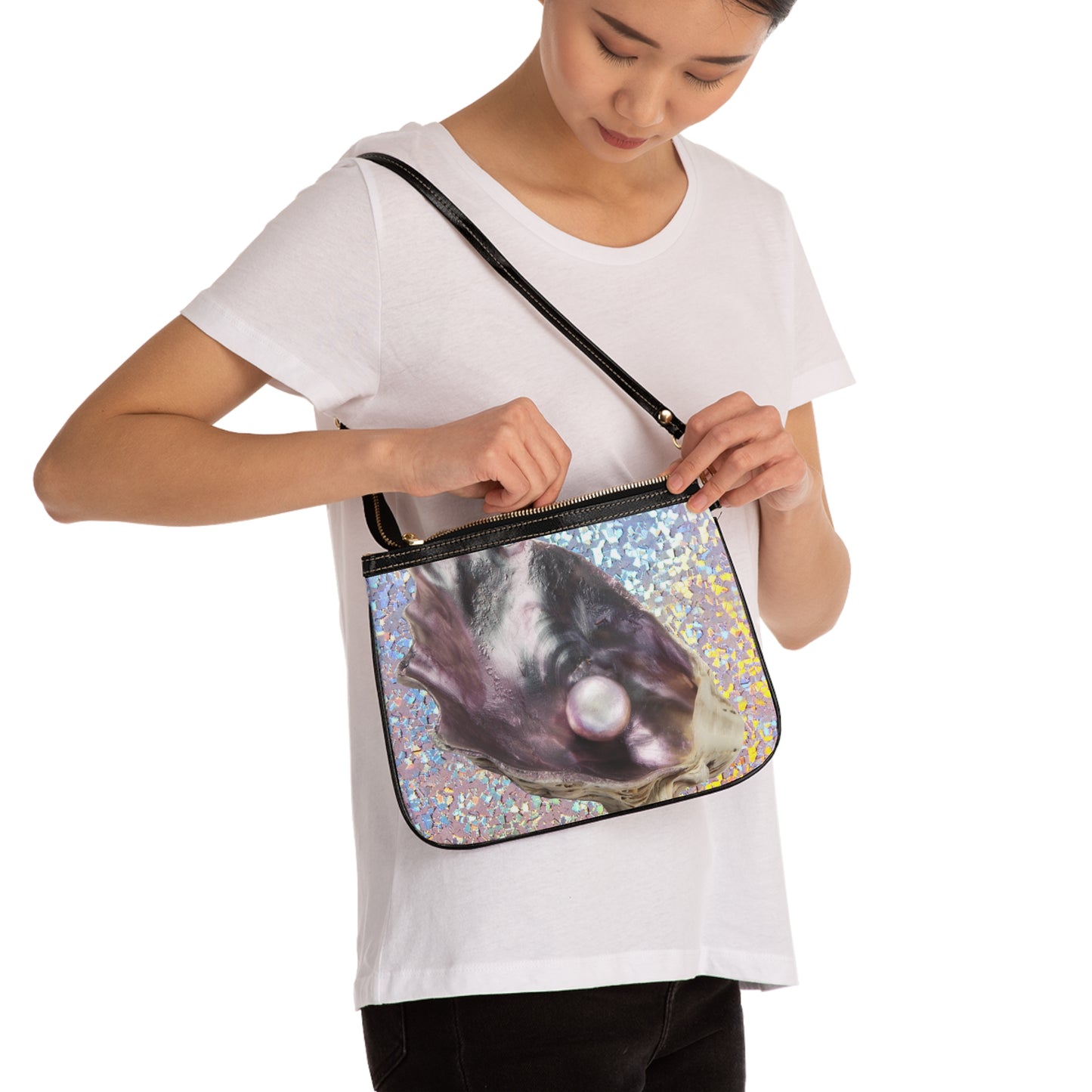 Tropical Beach Small Shoulder Bag | Stylish Crossbody Purse / Disco Lavender Pearl Oyster