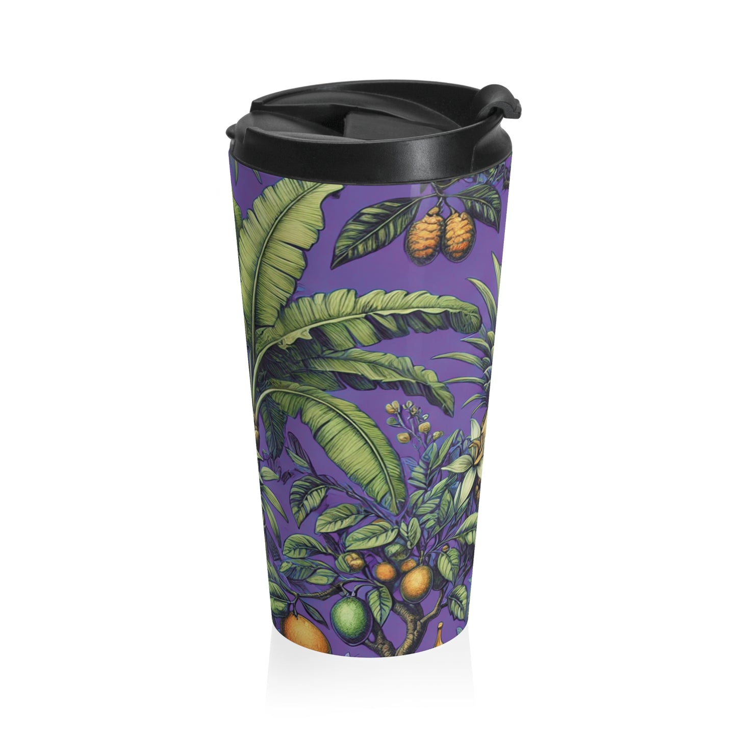 15 oz. Stainless Steel Travel Mug / Palms & More Tropical Fruit, Purple
