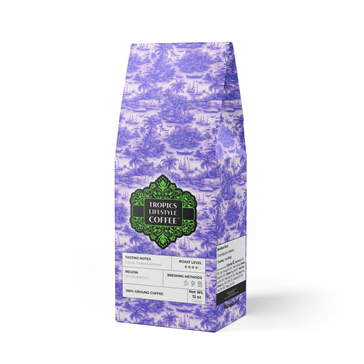 Midnight Surf Blend™ (Medium-Dark Roast) Specialty Grade Craft Coffee / Tropical Toile, Purple