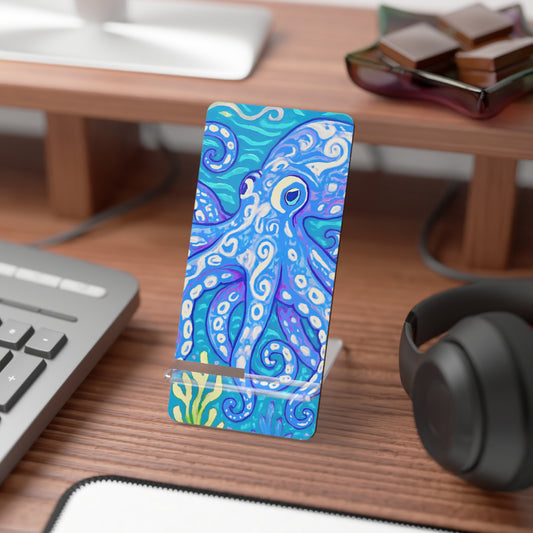 Stylish Smartphone Display Stand with Octopus Artwork - Kraken Joe/Blue