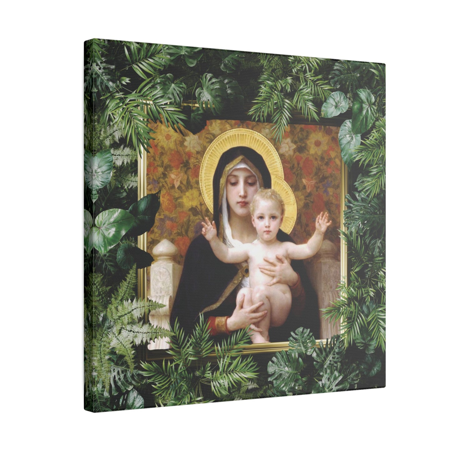 "Tropical Madonna of Lilies" Religious Canvas Artwork - Stretched Canvas Print / Virgin Mary & Jesus