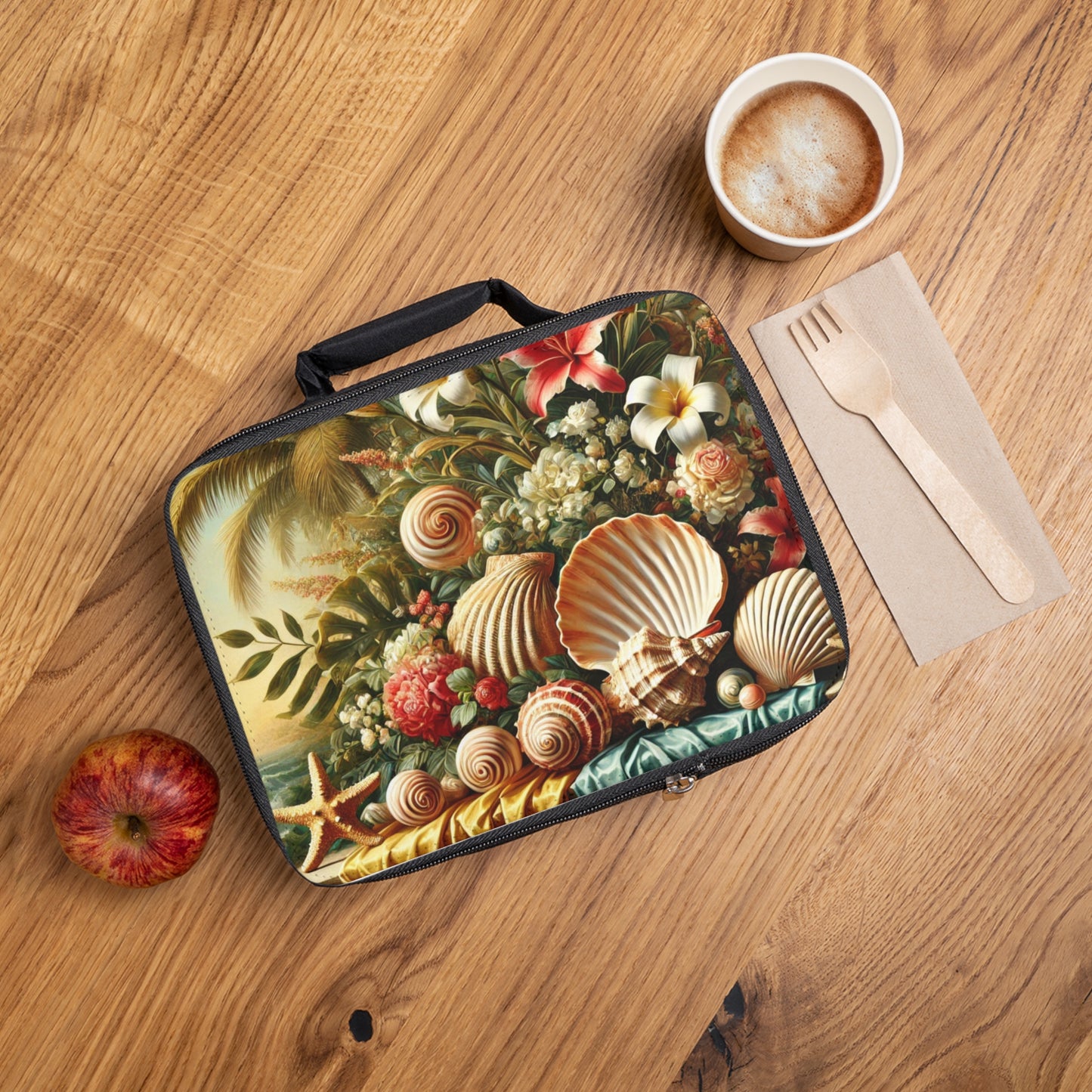 Shells and Flowers Still Life Lunch Bag - Eco-Friendly Insulated Tote, Adult and Child Lunchbox / Perfect for Picnics, Beach Outings