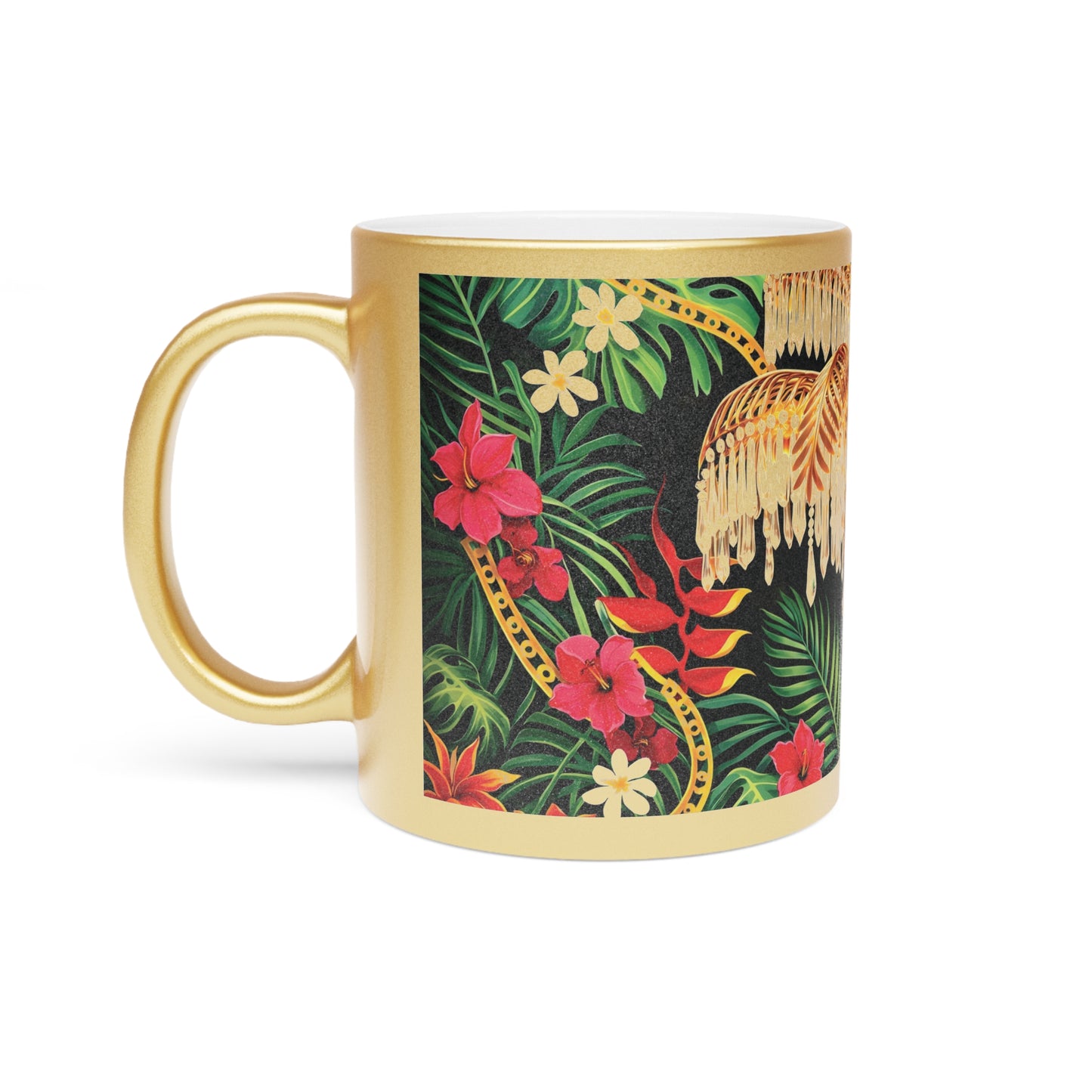Tropical Chandelier Metallic Mug — Gold & Silver Floral Travel Coffee Cup