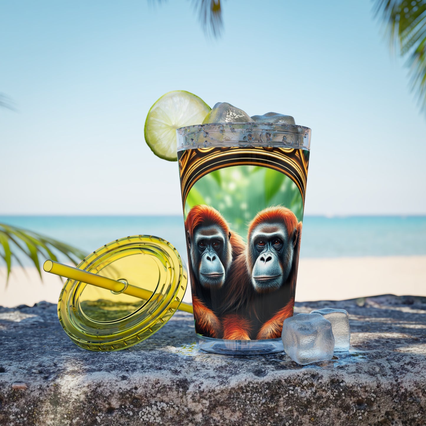 Tropical Tumbler with Straw | 16oz Colorful Travel Cup / Framed Orangutan Apes