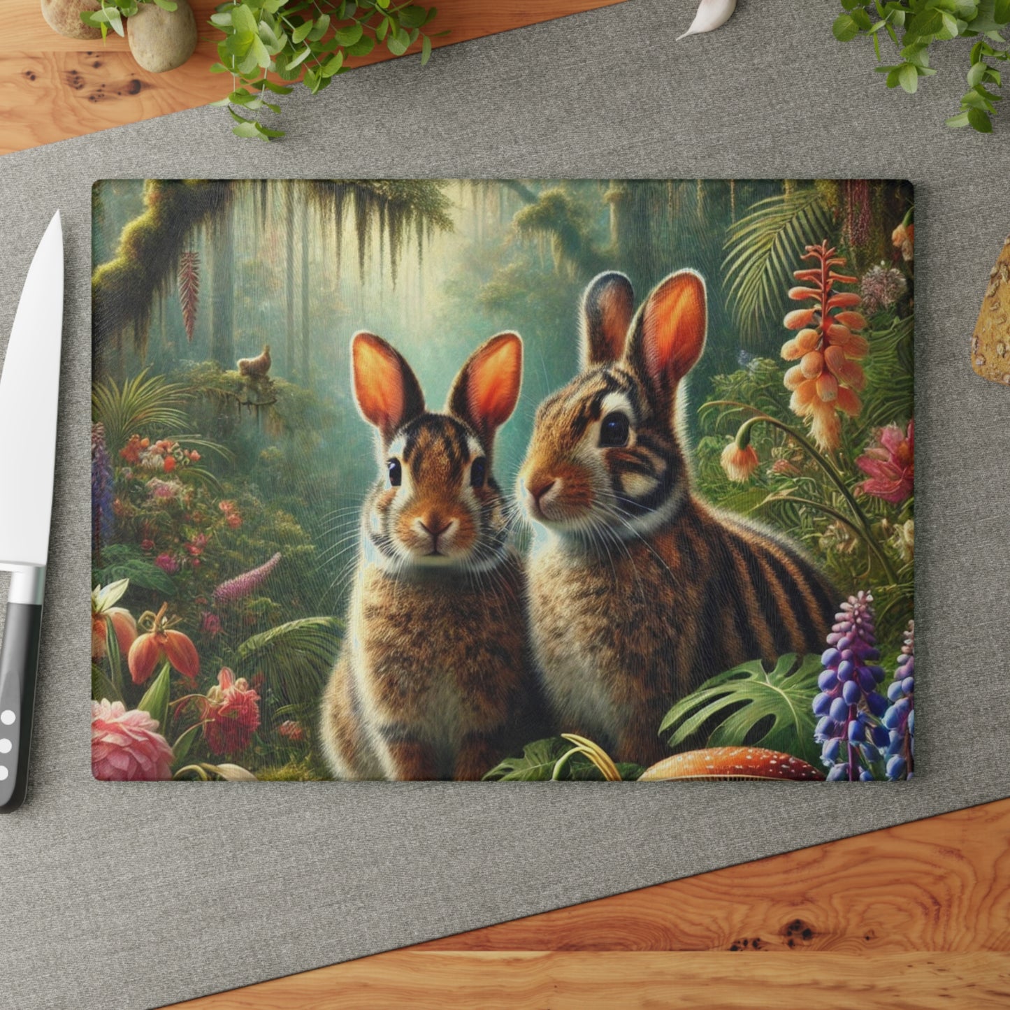 Glass Cutting Board, 2 sizes - Tropical Sumatran Rabbits
