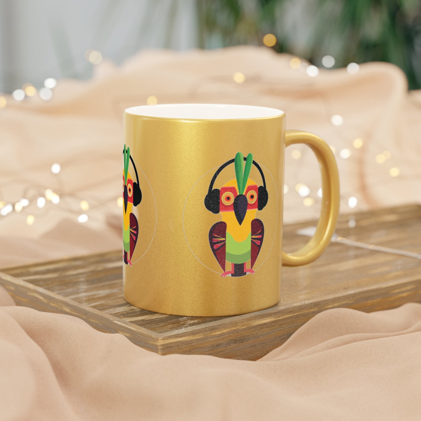 Colorful Tropical Metallic Mug, Gold or Silver - Rockin' Out Parrot