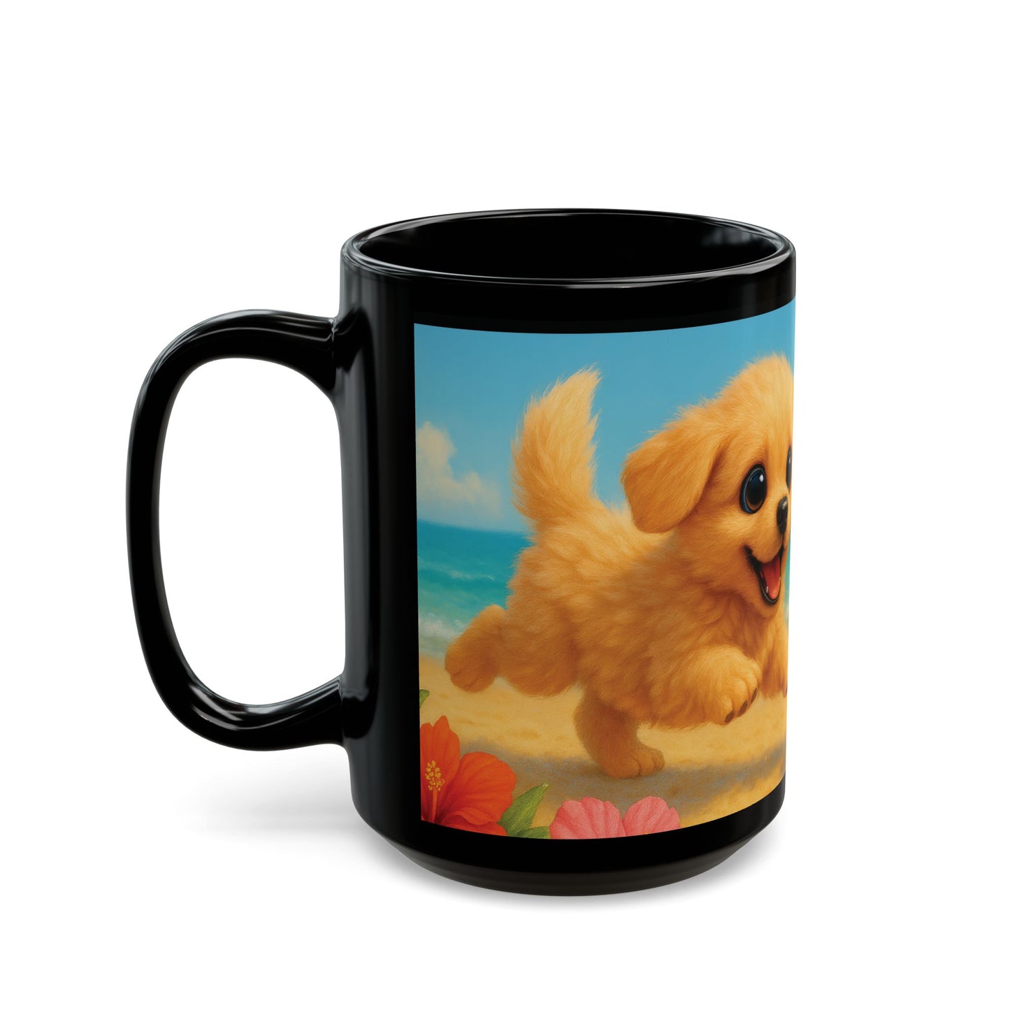 Black Coffee Mug - Two Puppies on Beach