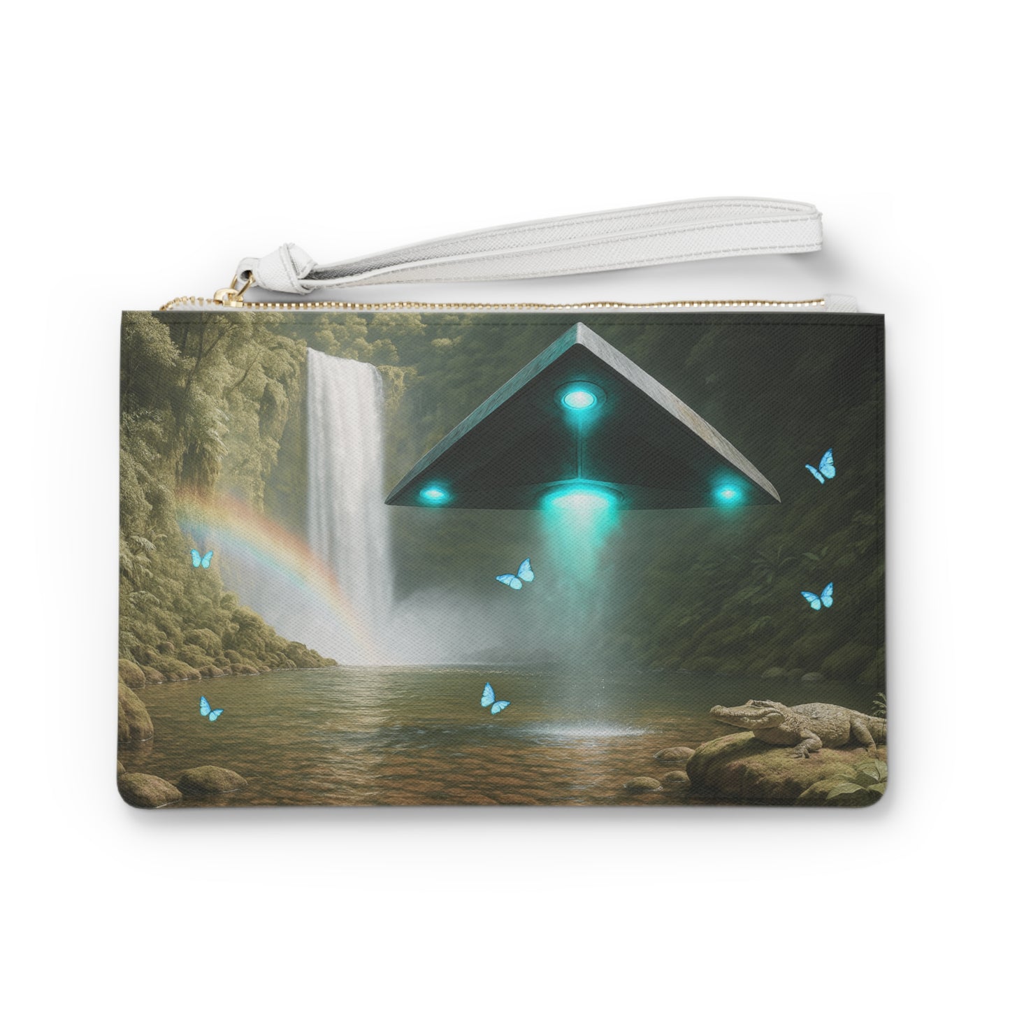 Tropical Faux Leather Clutch Bag - Perfect for Beach Adventures & Summer Vacations / UFO and Waterfall