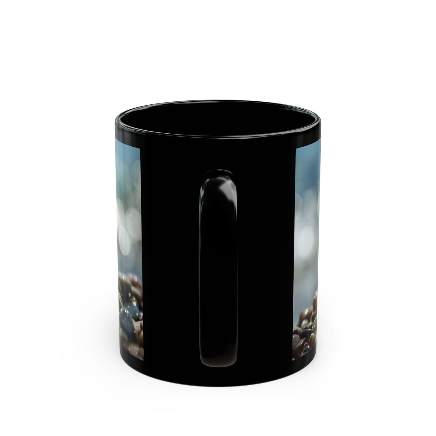 Black Mug (11oz, 15oz), Crystal Ball on Pebbled Beach