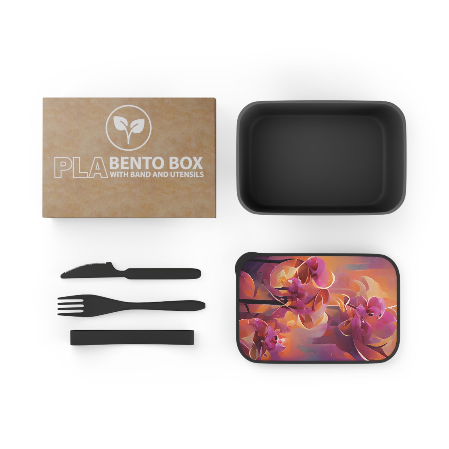 Bento Box with Utensils - Orange Orchid Dreams