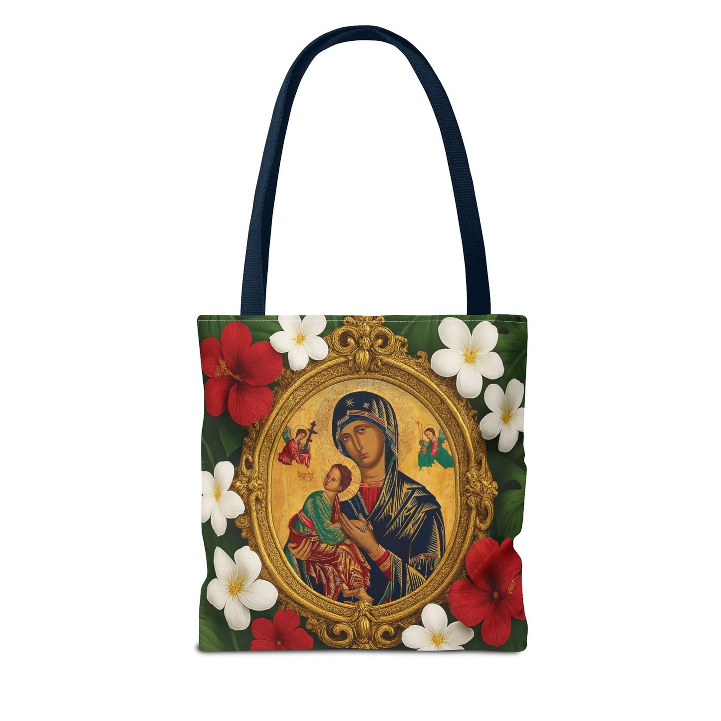 Religious Art Polyester Tote Bag, 3 Sizes / Our Lady of Perpetual Help, Red Flowers