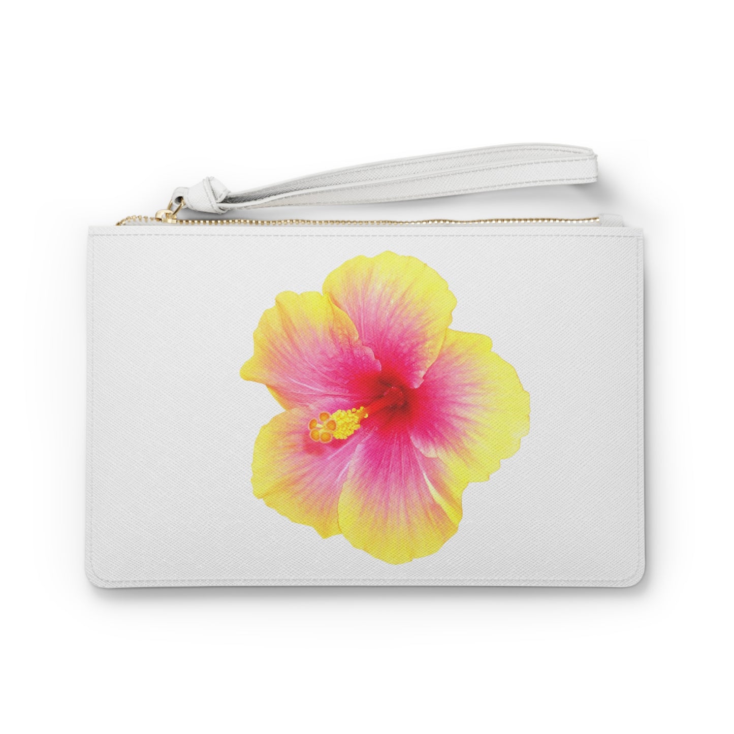 Tropical Faux Leather Clutch Bag - Perfect for Beach Adventures & Summer Vacations / Photo Yellow Hibiscus, White