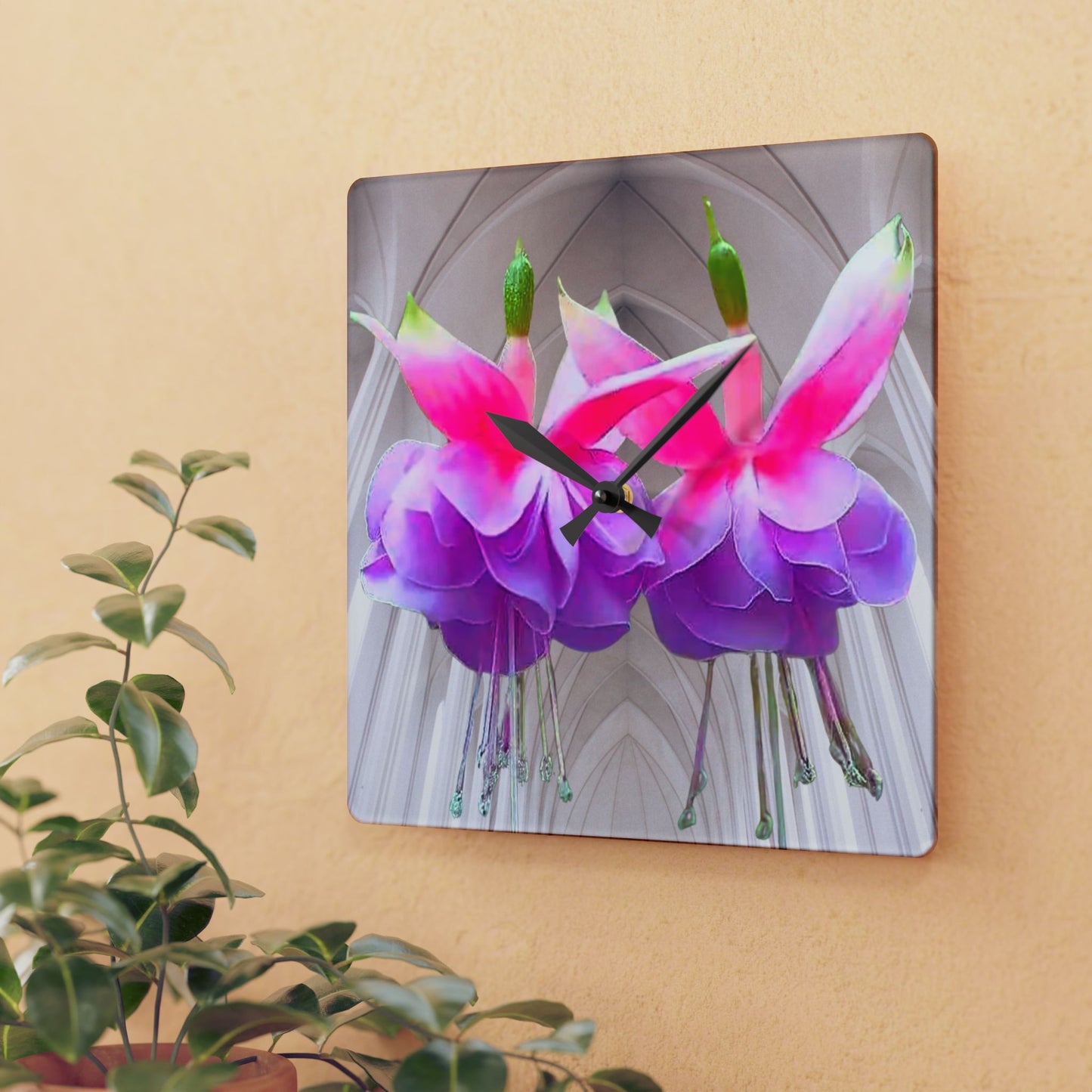 Acrylic Wall Clock, Two Fuchsias, 4 Variants