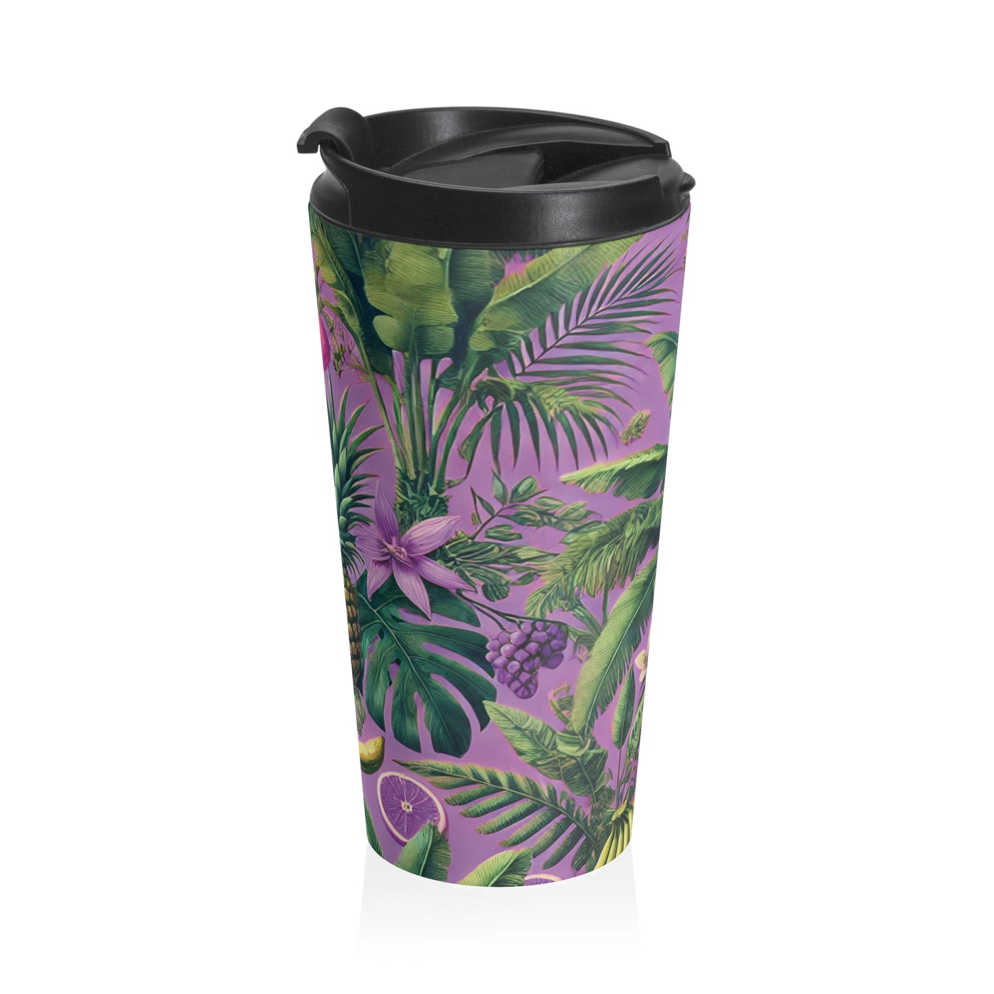 15 oz. Stainless Steel Travel Mug / Palms & Tropical Fruit, Hot Lilac