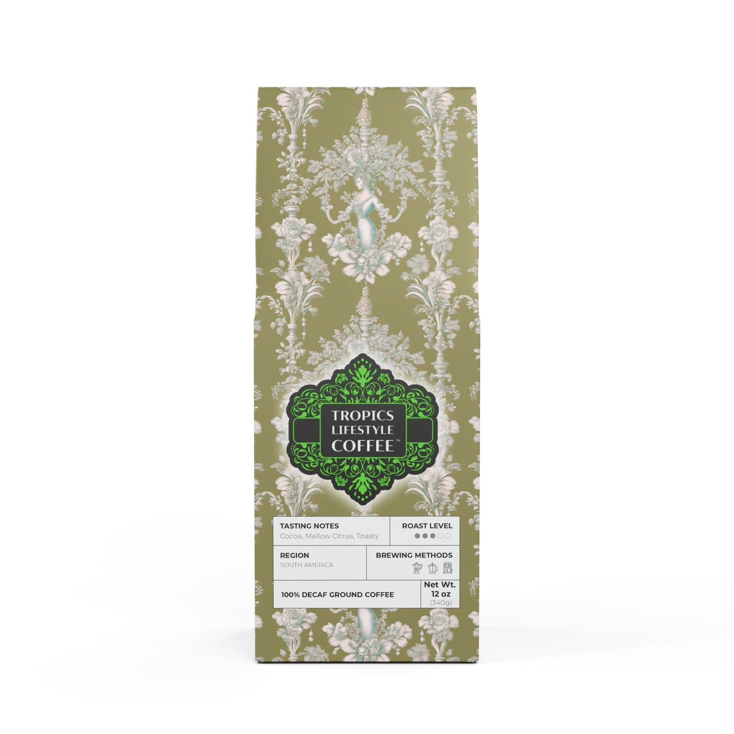 Rainforest Mist™ Single Origin DECAF (Medium Roast), Specialty Grade Craft Coffee / Pearl Lady Toile, Highborn Green