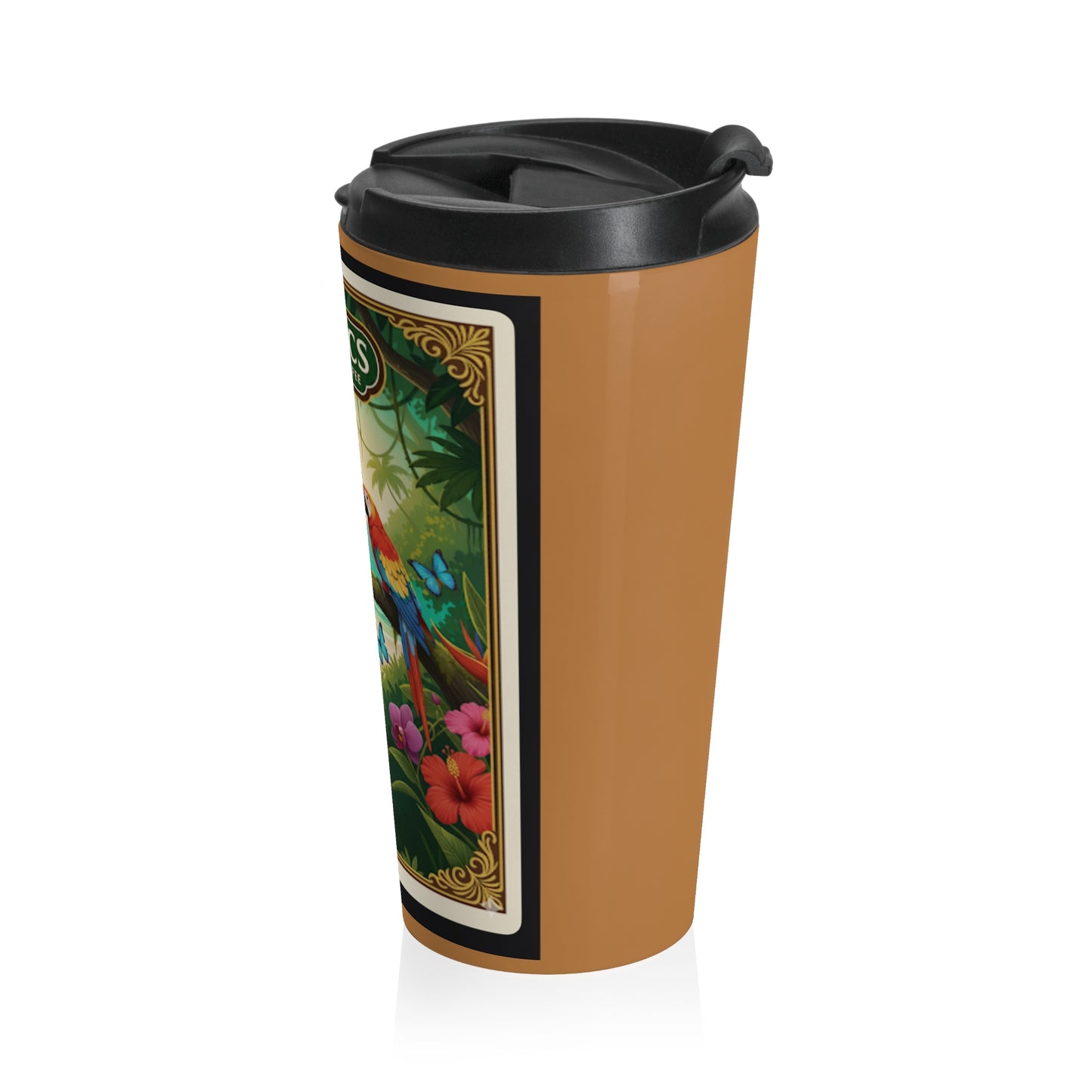 15 oz. Stainless Steel Travel Mug / Parrot & Friends, Light Brown