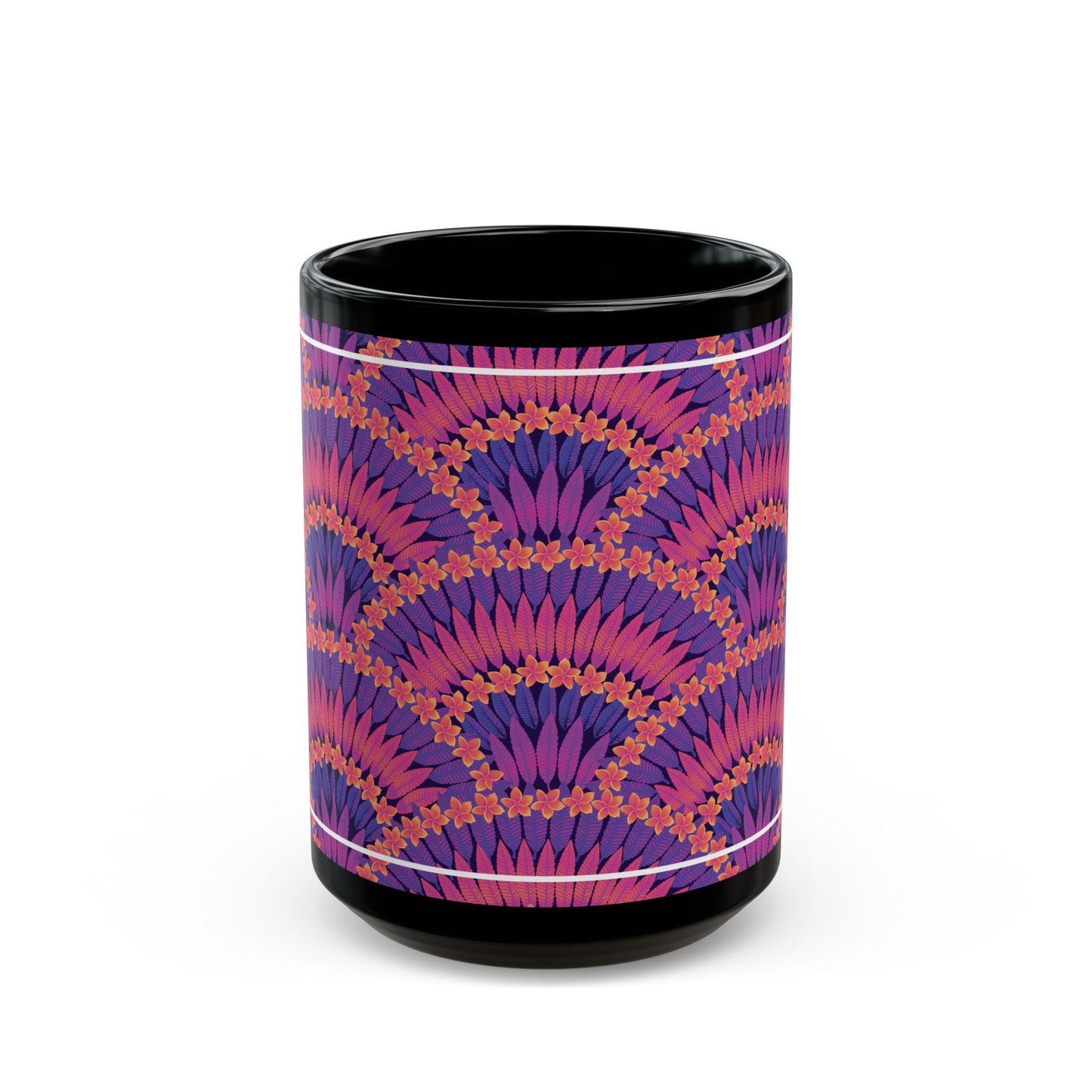 Black Mug (11oz, 15oz), Plumeria and Palms, Heatwave