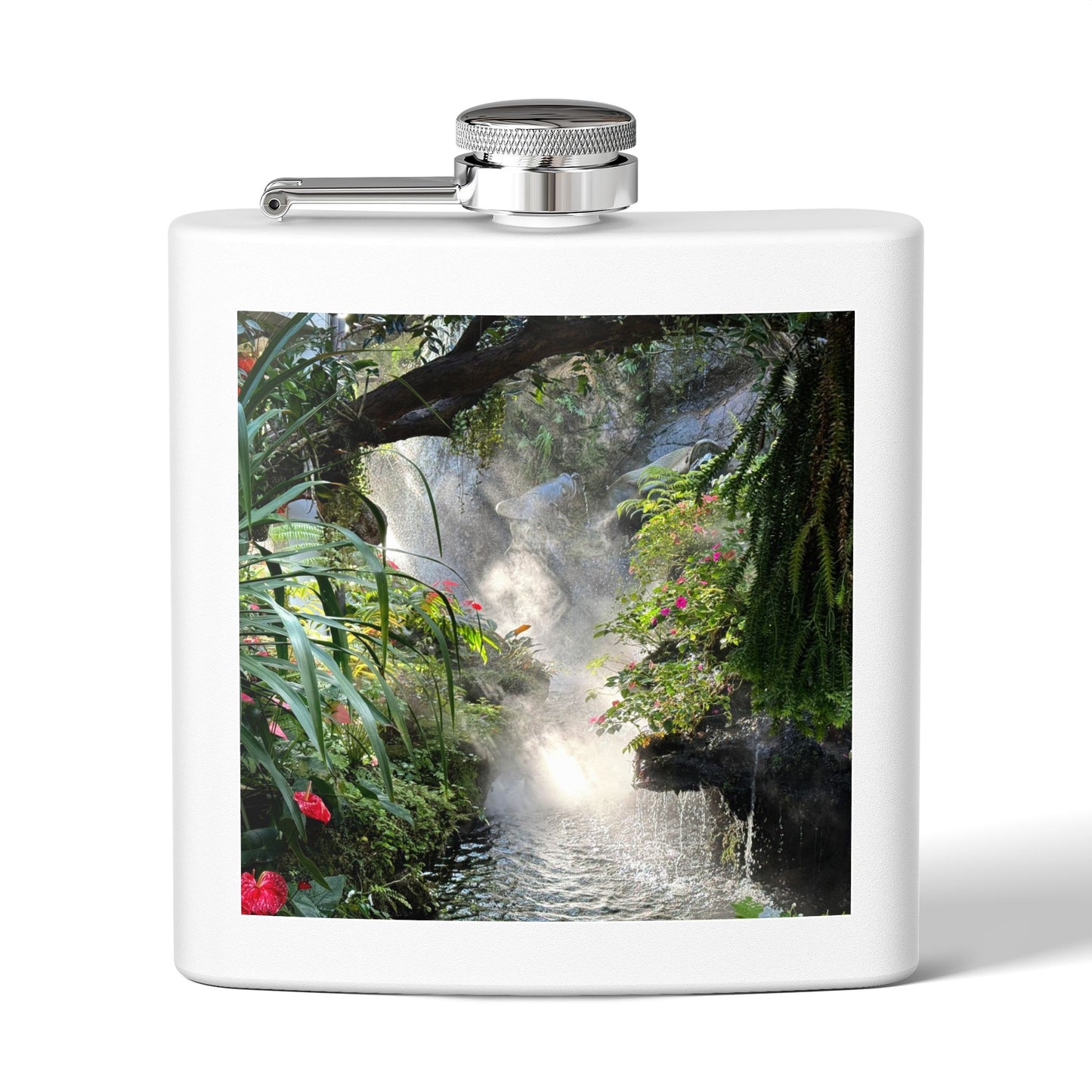 Tropical Stainless Steel 6 oz. Flask, Many Colors  – Misty Rainforest River