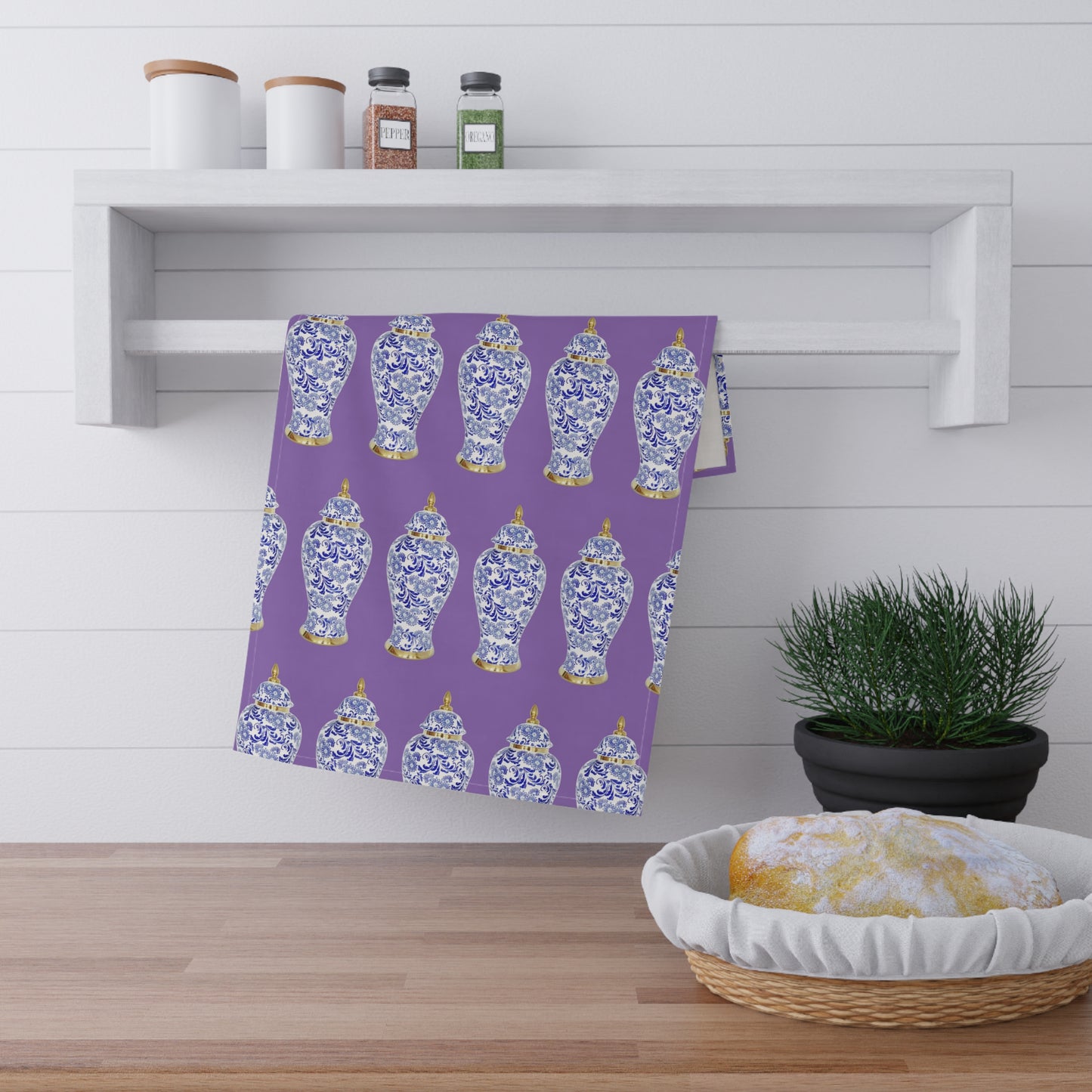 Copy of TeaTowels (cotton, poly), Blue and Gold Ginger Jar repeat light purple
