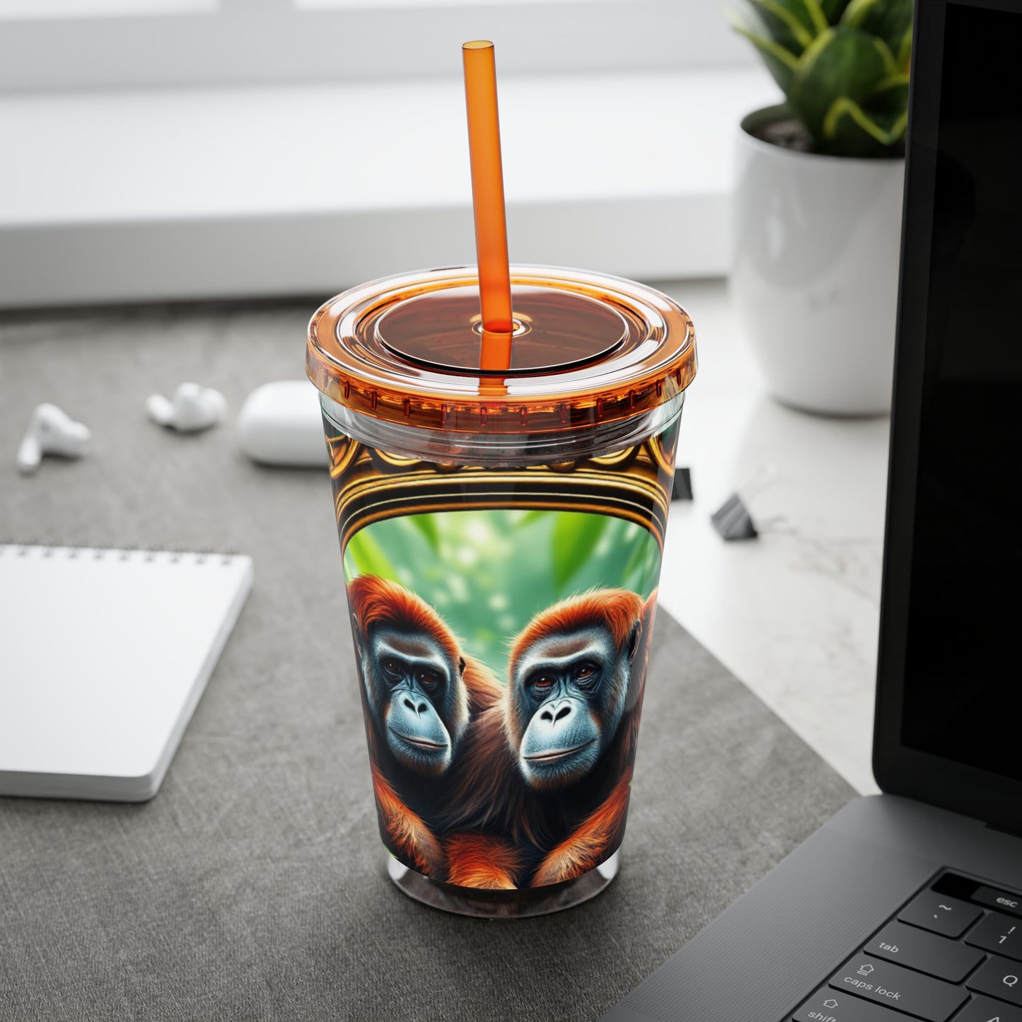 Tropical Tumbler with Straw | 16oz Colorful Travel Cup / Framed Orangutan Apes