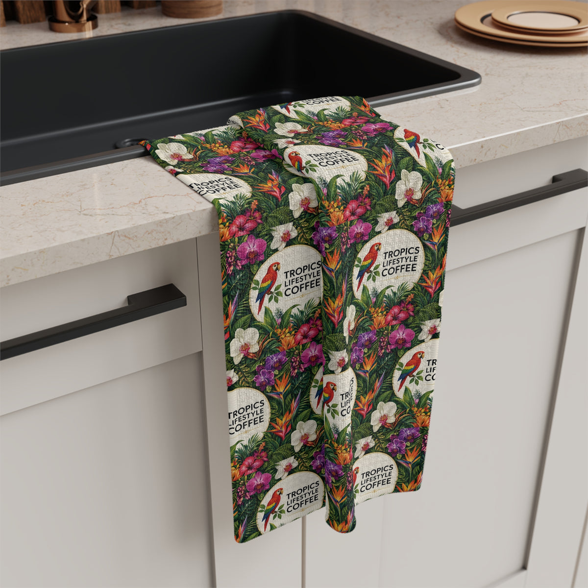 Microfiber Coffee/Tea Kitchen Towel - Tropics Lifestyle Coffee, Lush Pattern