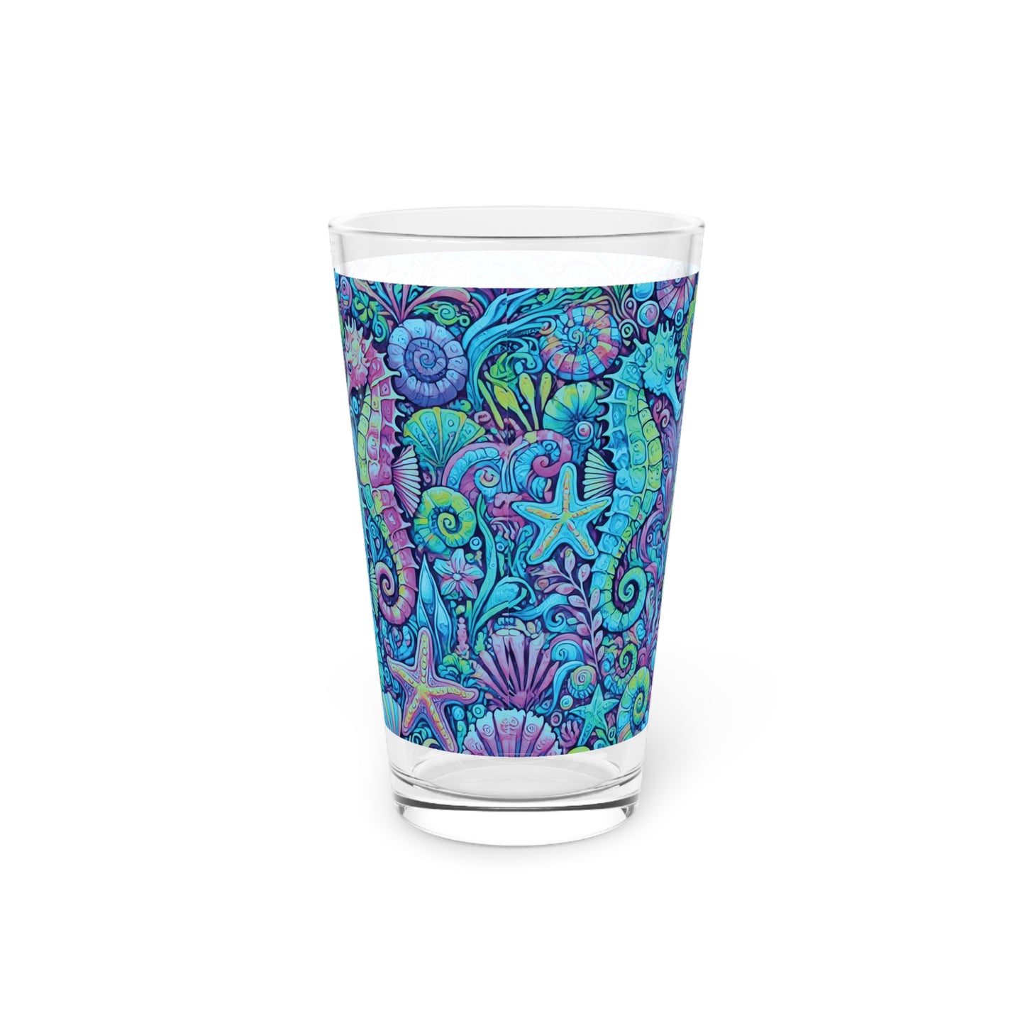 Pint Glass, 16oz - Seahorse Trio Turquoise Pop
