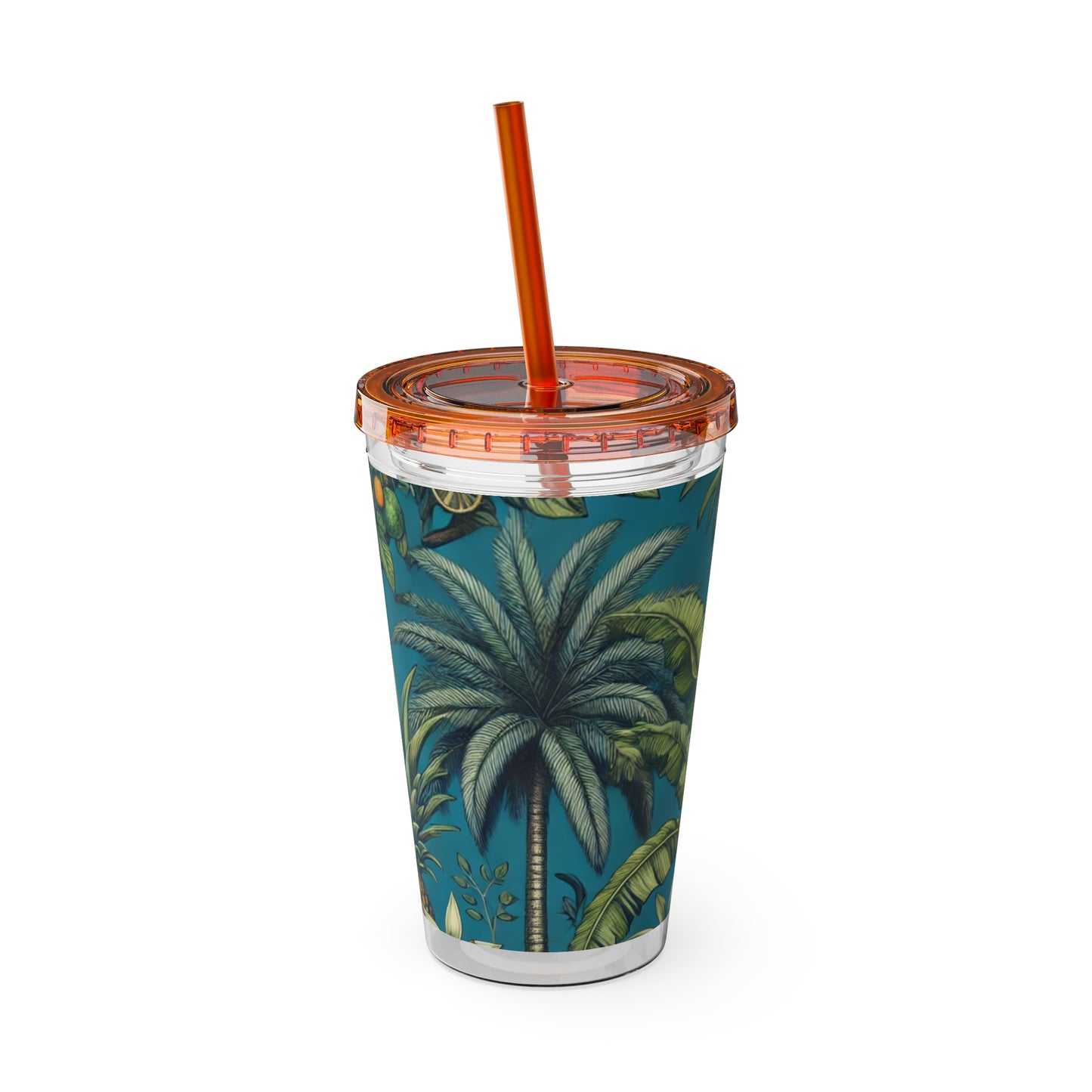 Tropical Tumbler with Straw | 16oz Colorful Travel Cup / Tropical Fruit Blue