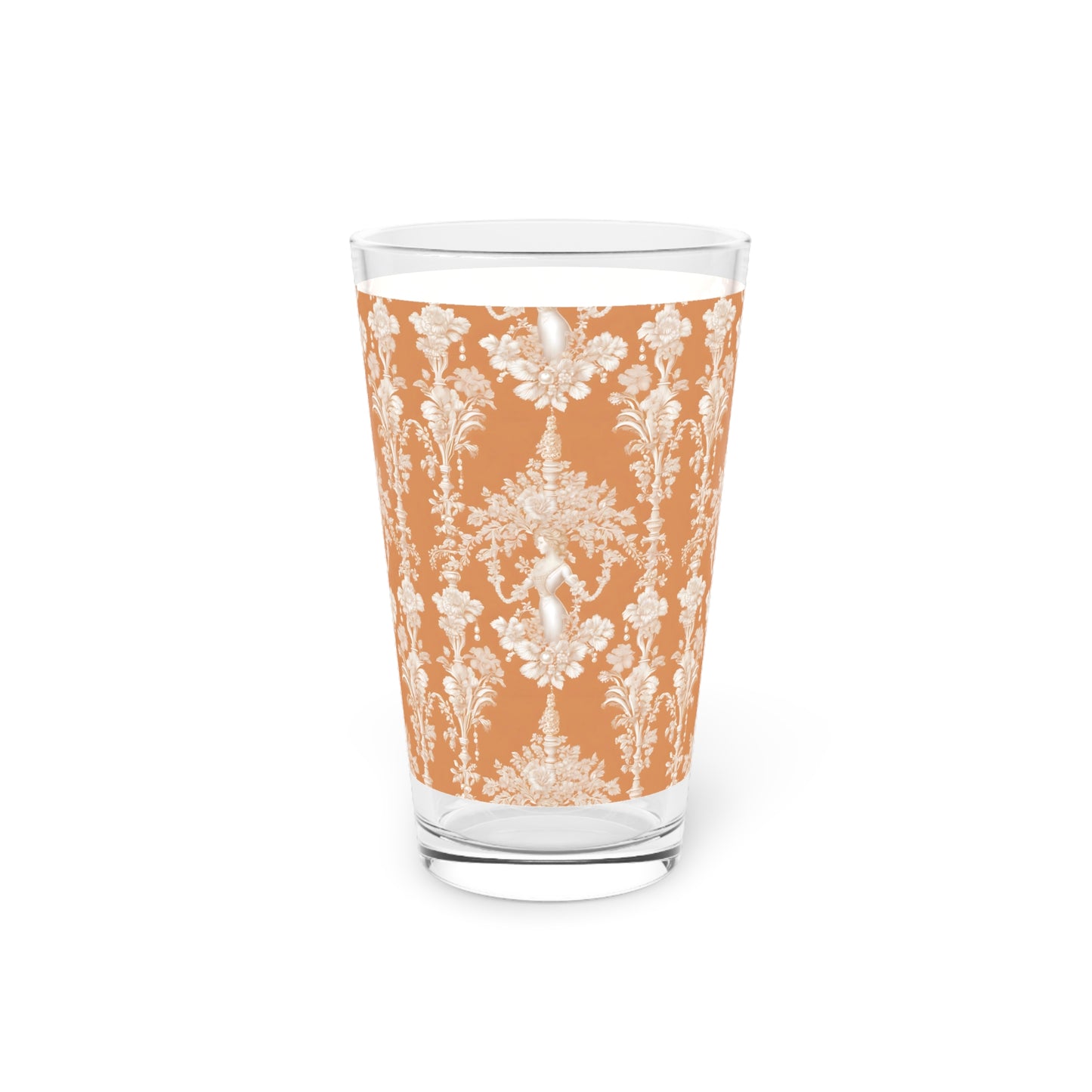 Pint Glass, 16oz, Pearl Lady Toile / Melon