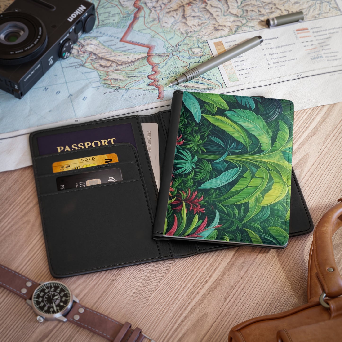 Tropical Passport Cover, Faux Leather - RFID blocking for travel security / Rainforest Sleeping Spot