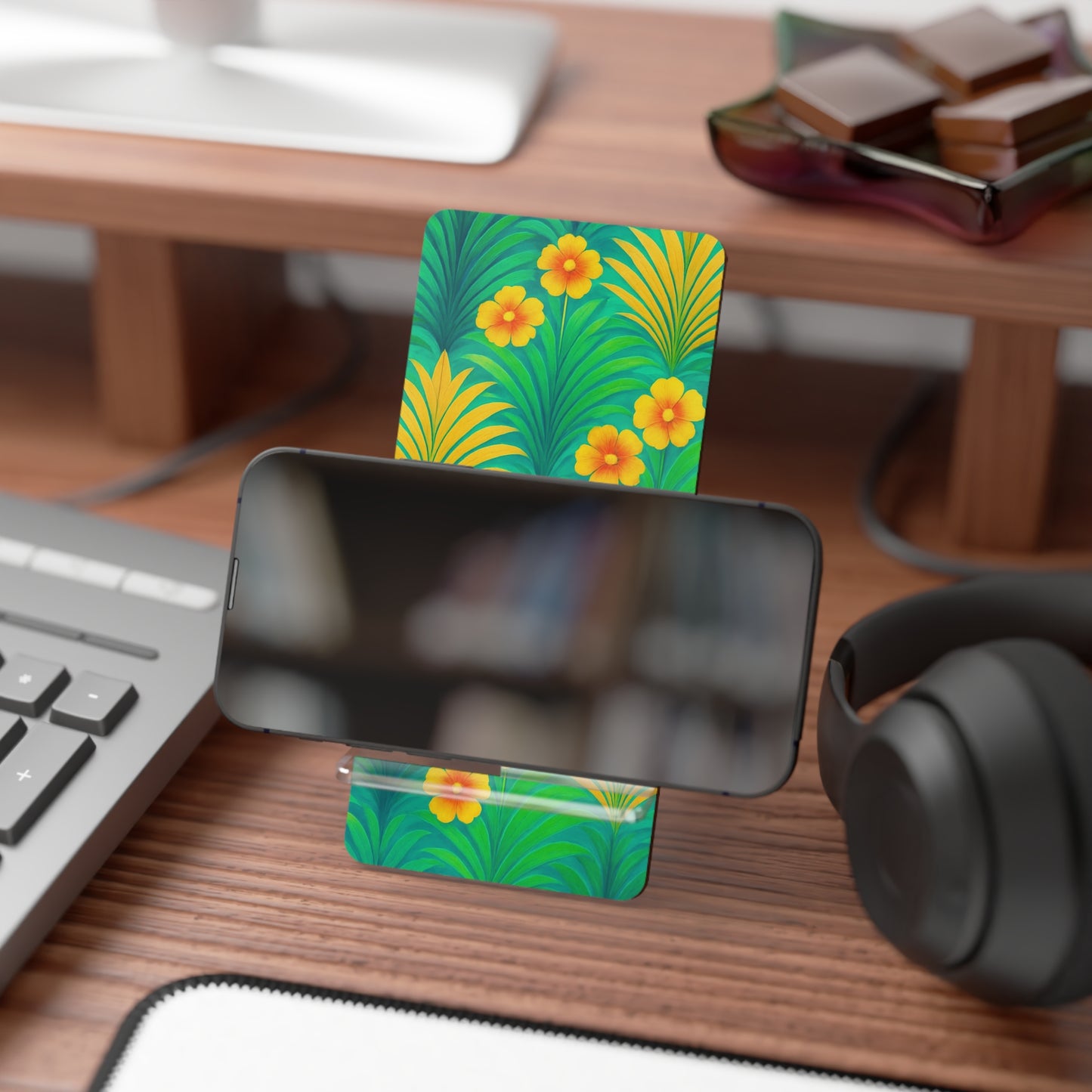 Stylish Smartphone Display Stand with Iconic Artwork - Sunrise Palms/Green
