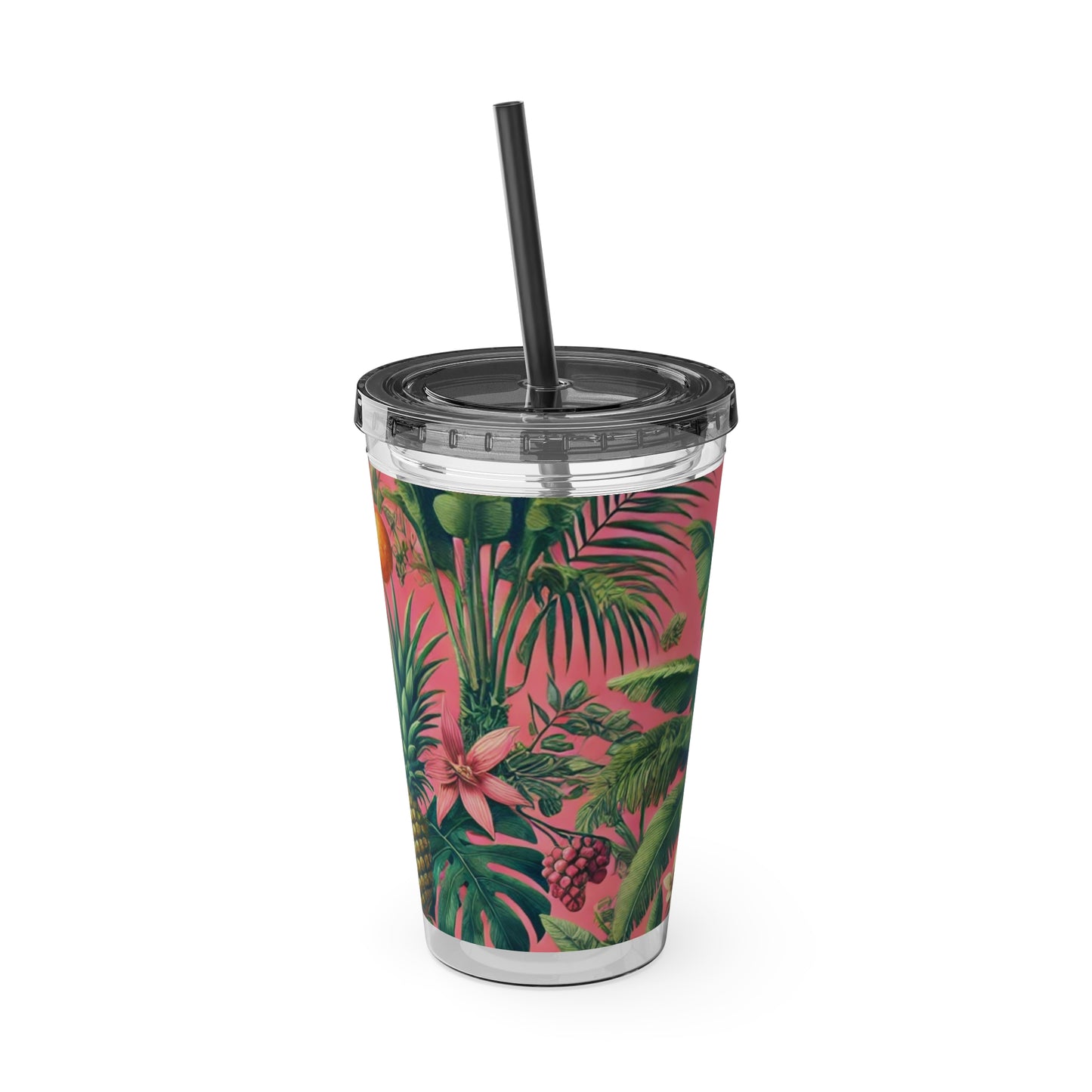 Tropical Tumbler with Straw | 16oz Colorful Travel Cup / More Tropical Fruit, Coral