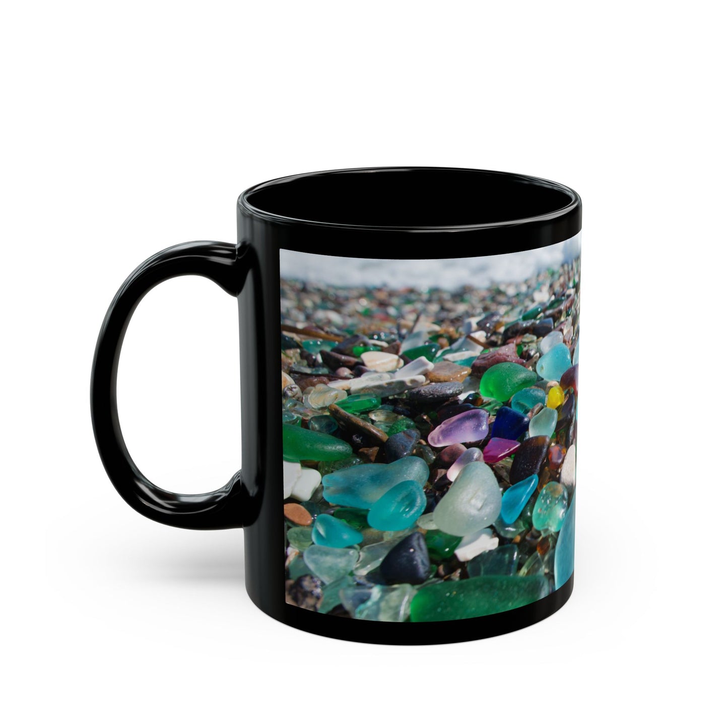 Beach Glass Along Shoreline Black Coffee Mug