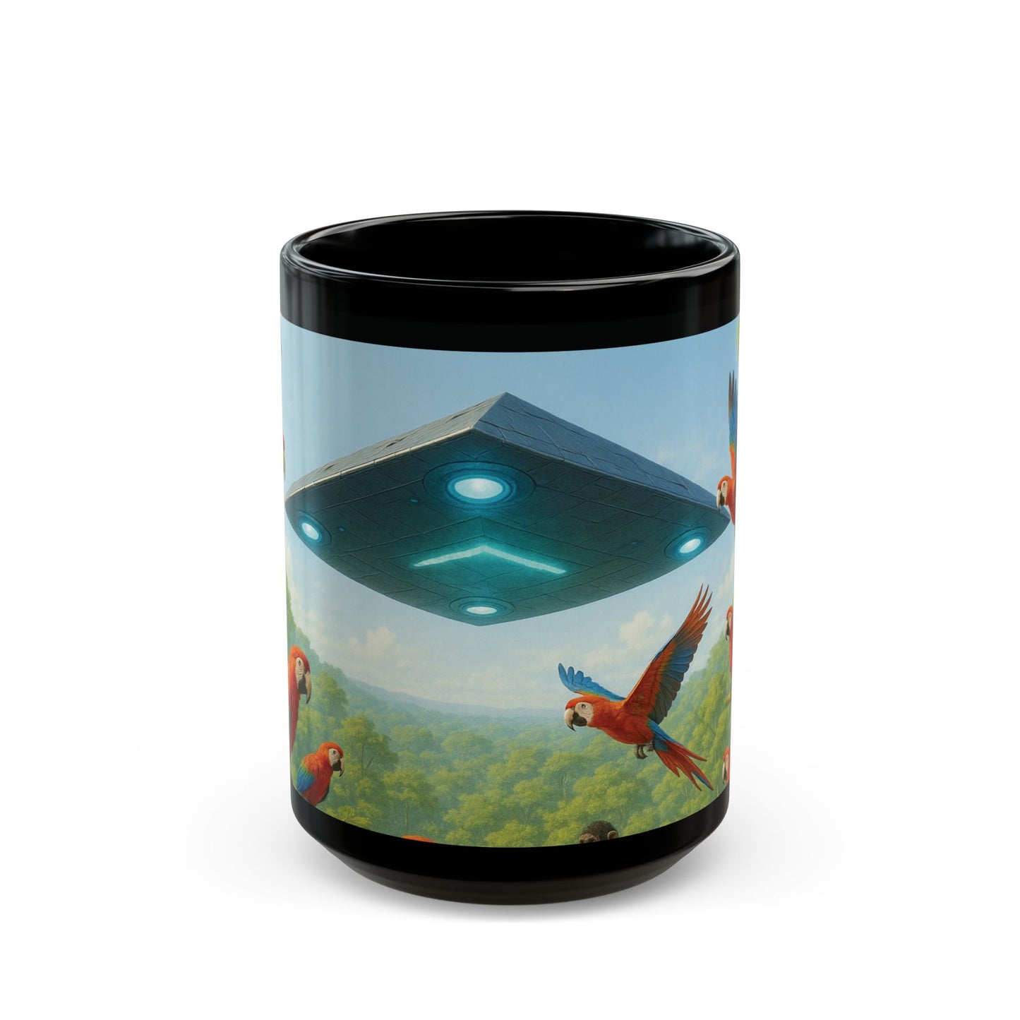 Black Coffee Mug - UFO and Macaws, Full View