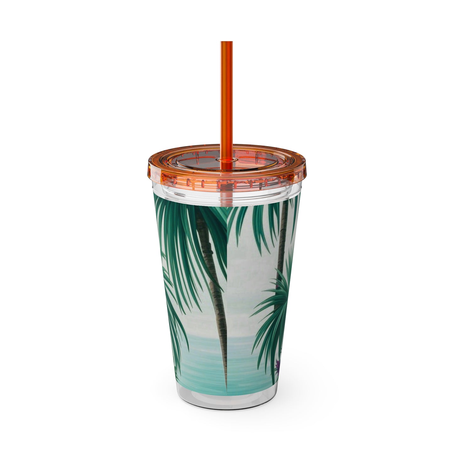 Tropical Tumbler with Straw | 16oz Colorful Travel Cup / Tiny Palm Island