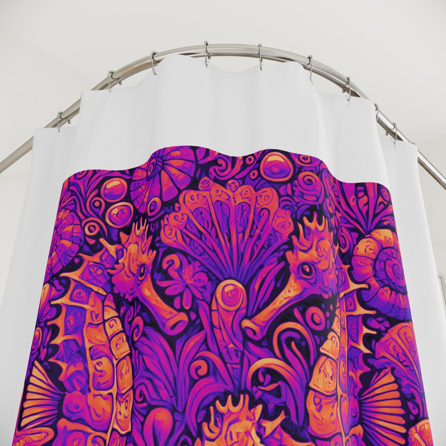 Tropical Shower Curtain - Ocean Bathroom Decor / Seahorse Trio Heatwave/White
