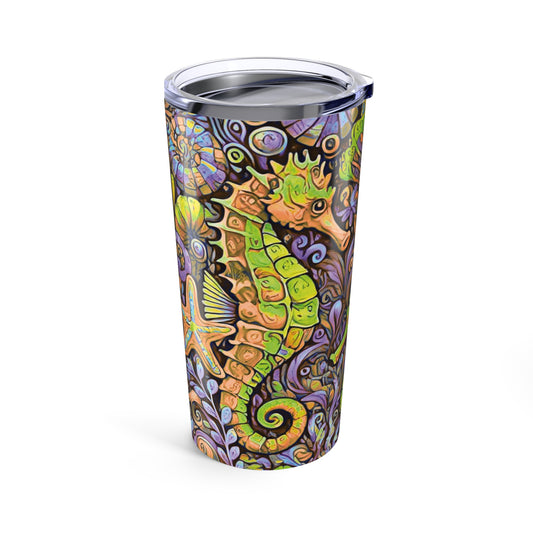 20oz Tropical Glossy Tumbler, Stainless Steel / Seahorse Trio, Yellow/Purple