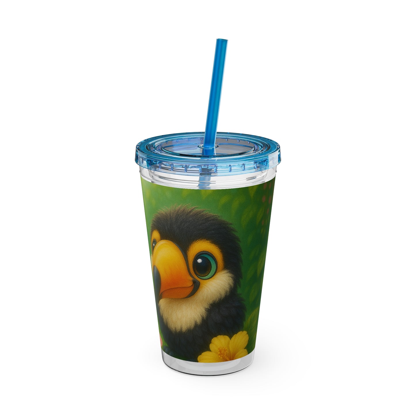 Tropical Tumbler with Straw | 16oz Colorful Travel Cup / Baby Toucans