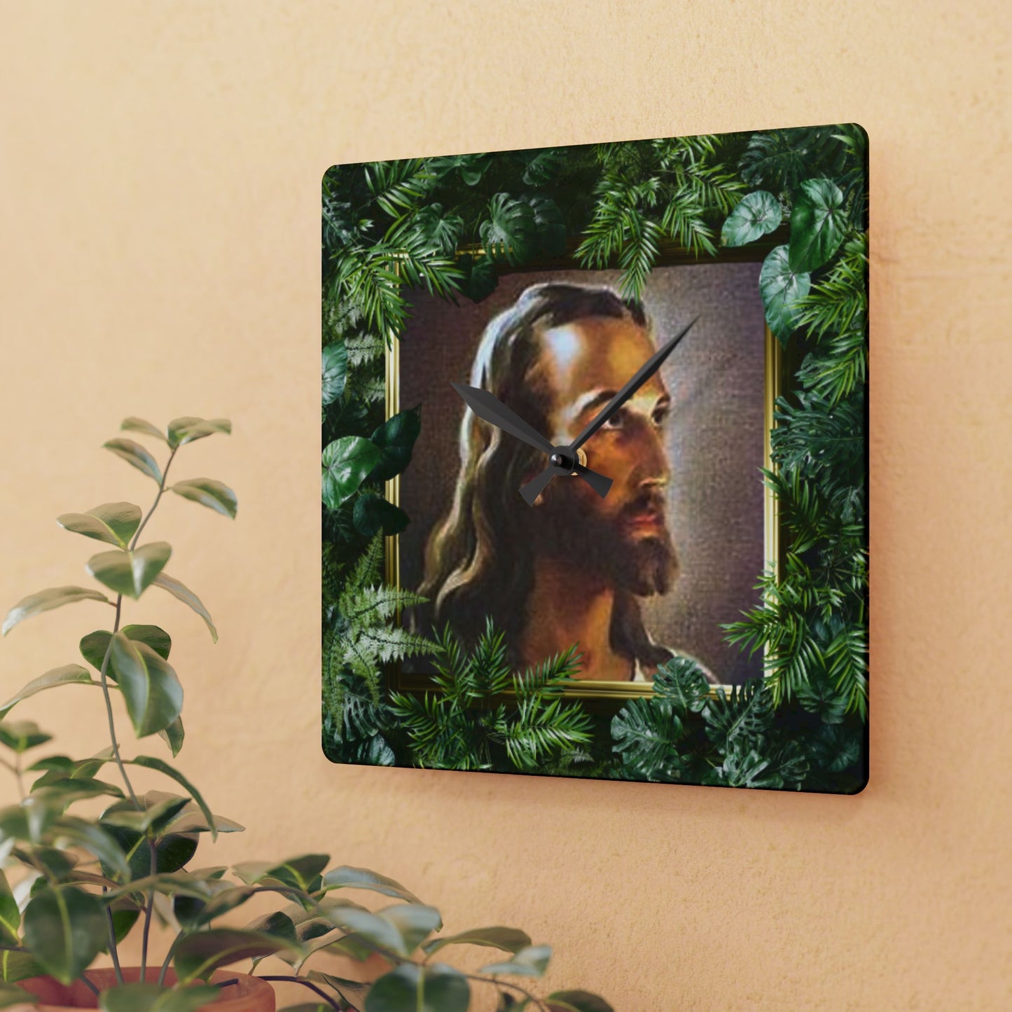 "Tropical Head of Christ" Acrylic Wall Clock - Elegant Religious Decor for Home and Office