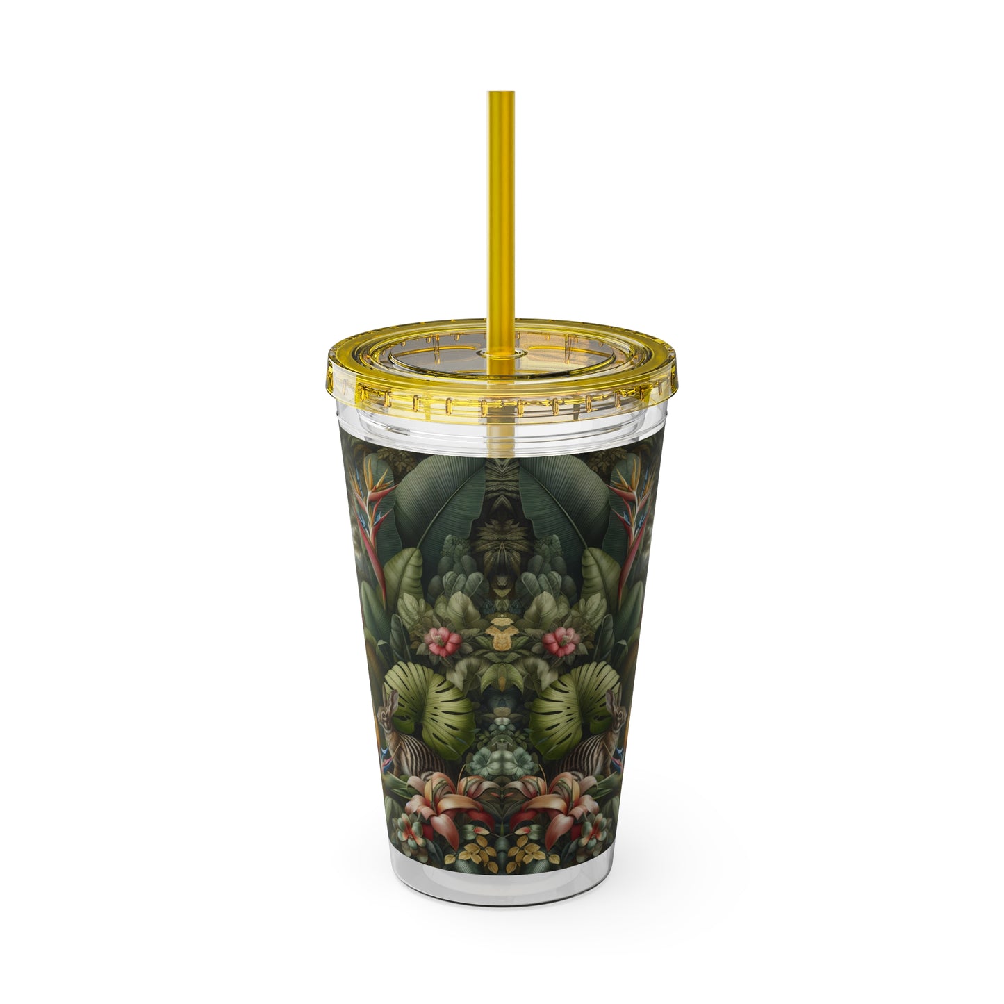 Tropical Tumbler with Straw | 16oz Colorful Travel Cup / Rainforest Rabbit Outing