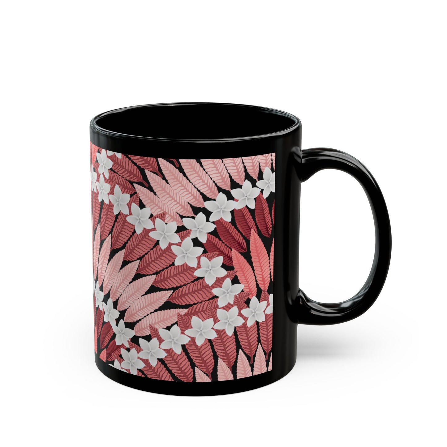 Black Mug (11oz, 15oz), Plumeria and Palms, Red