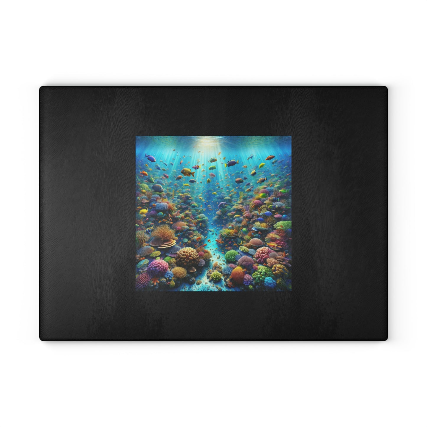 Glass Cutting Board, 2 sizes - Busy Coral Reef/Black