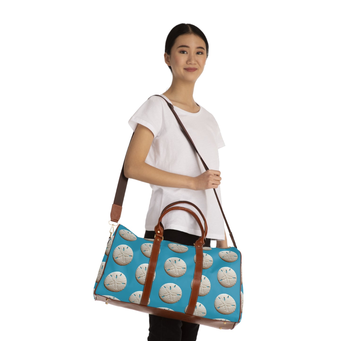 Tropical Waterproof Travel Bag - Perfect for Beach Getaways / Real Sand Dollars, Turquoise