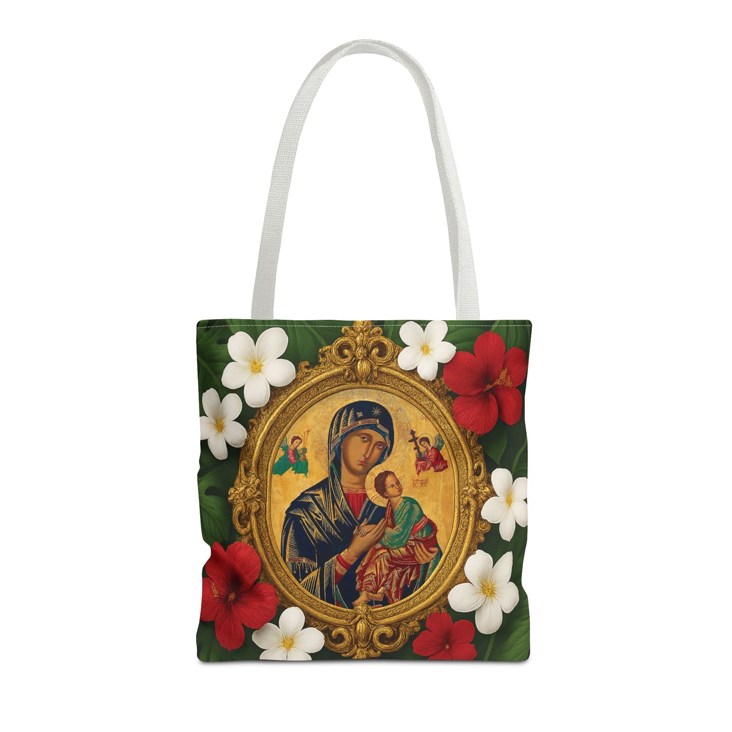 Religious Art Polyester Tote Bag, 3 Sizes / Our Lady of Perpetual Help, Red Flowers