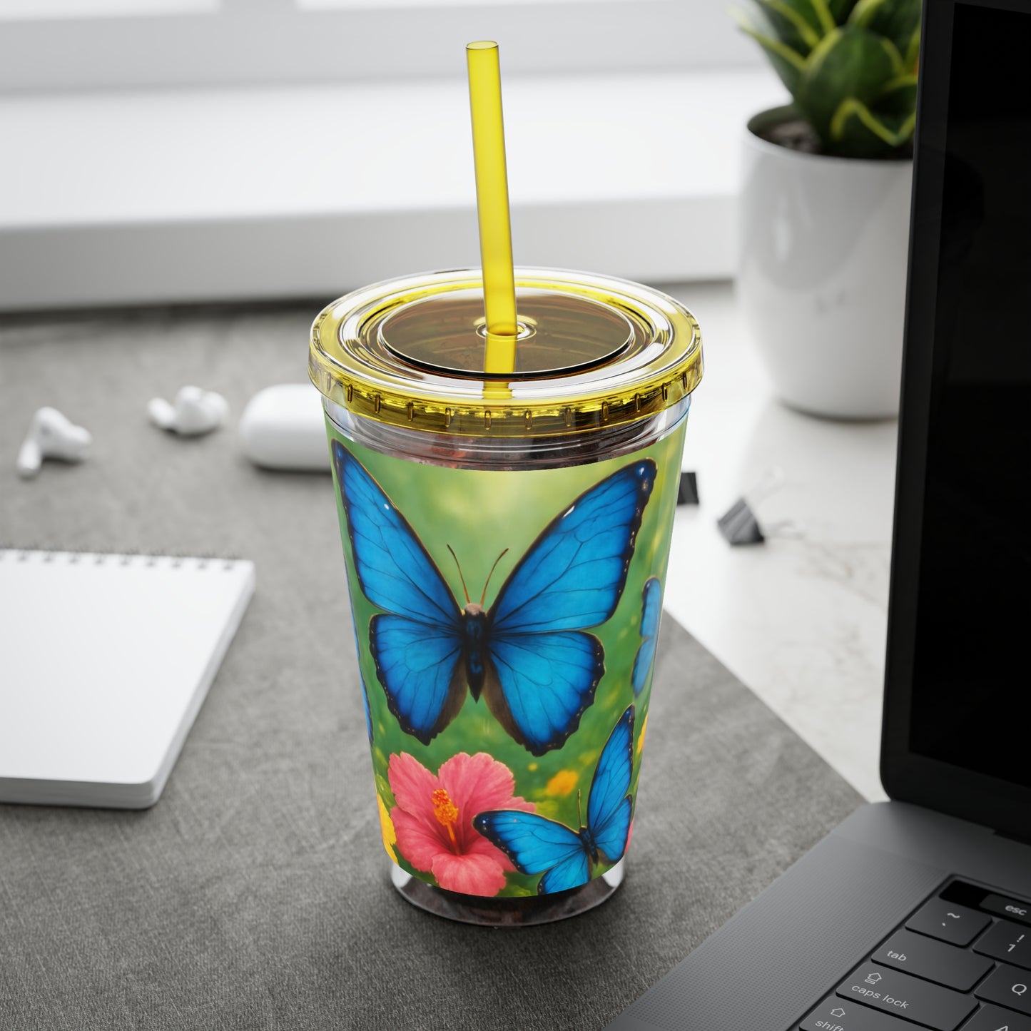 Tropical Tumbler with Straw | 16oz Colorful Travel Cup / Morpho Butterflies Flight