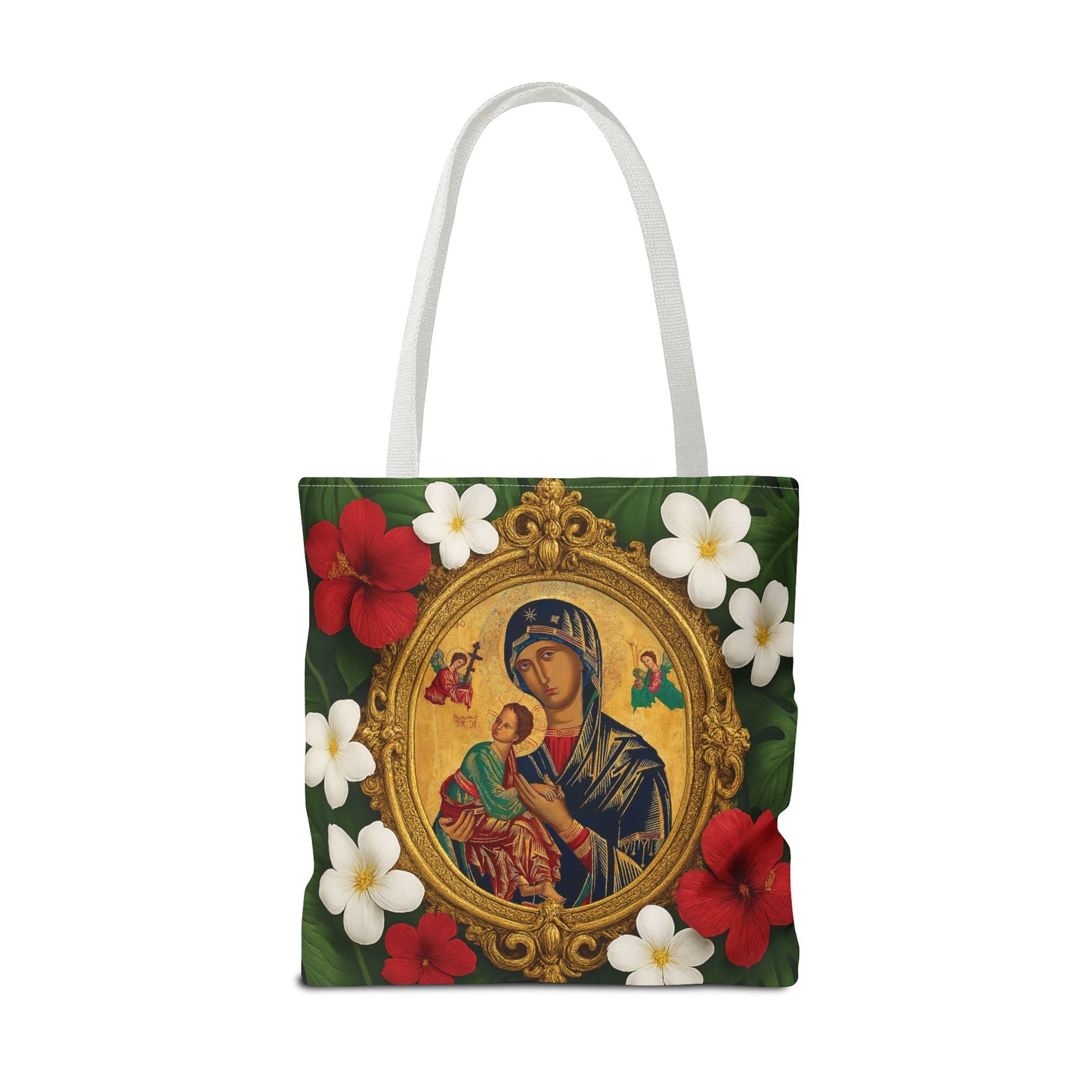 Religious Art Polyester Tote Bag, 3 Sizes / Our Lady of Perpetual Help, Red Flowers
