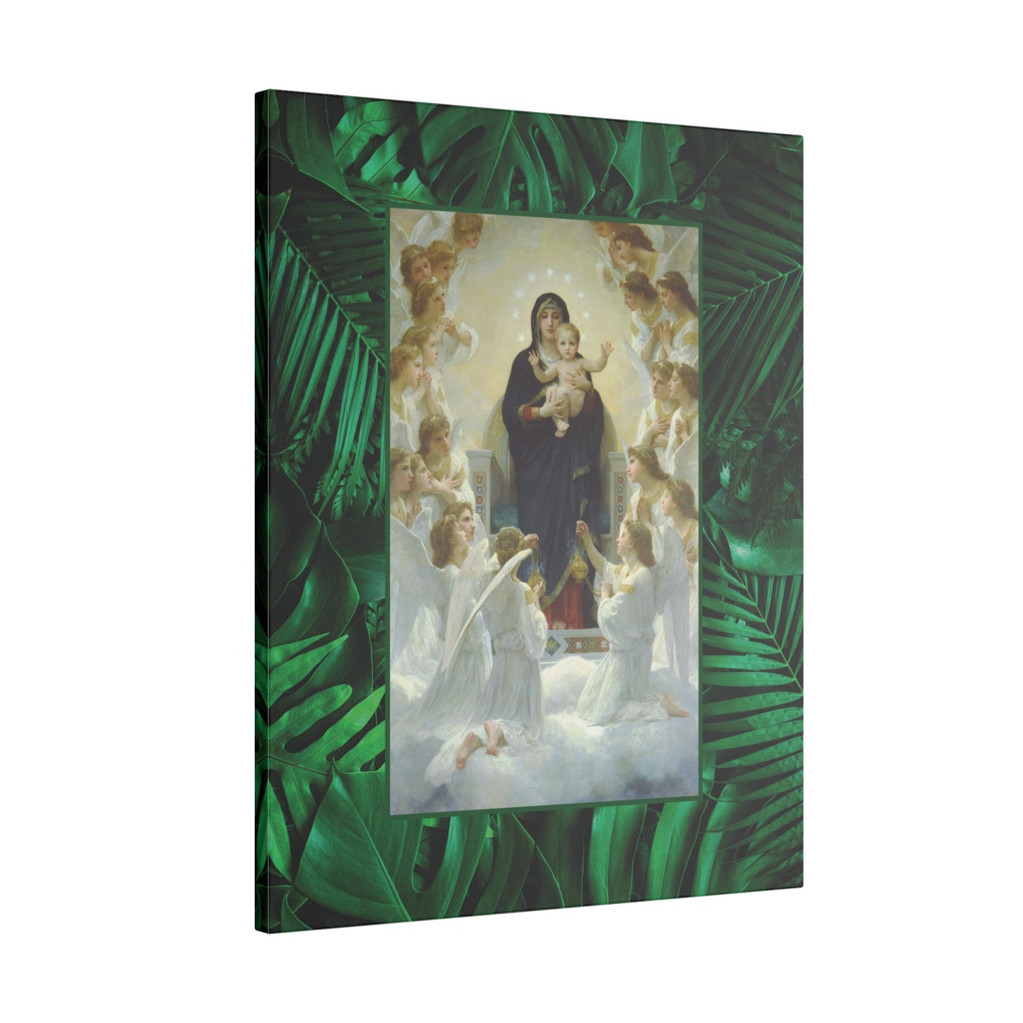 "Tropical Rainforest Our Lady With Angels" Religious Canvas Artwork - Stretched Canvas Print / Virgin Mary & Jesus