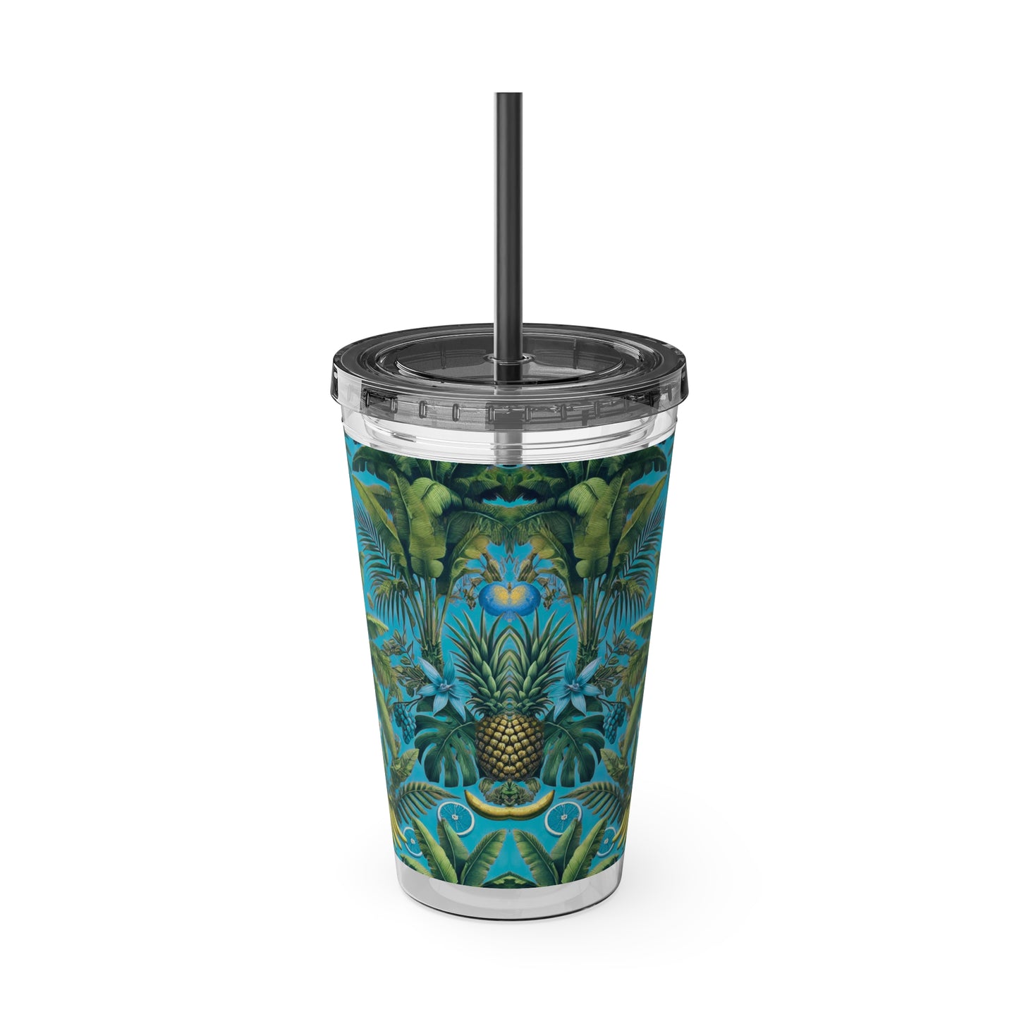 Tropical Tumbler with Straw | 16oz Colorful Travel Cup / More Tropical Fruit, Aqua Blue