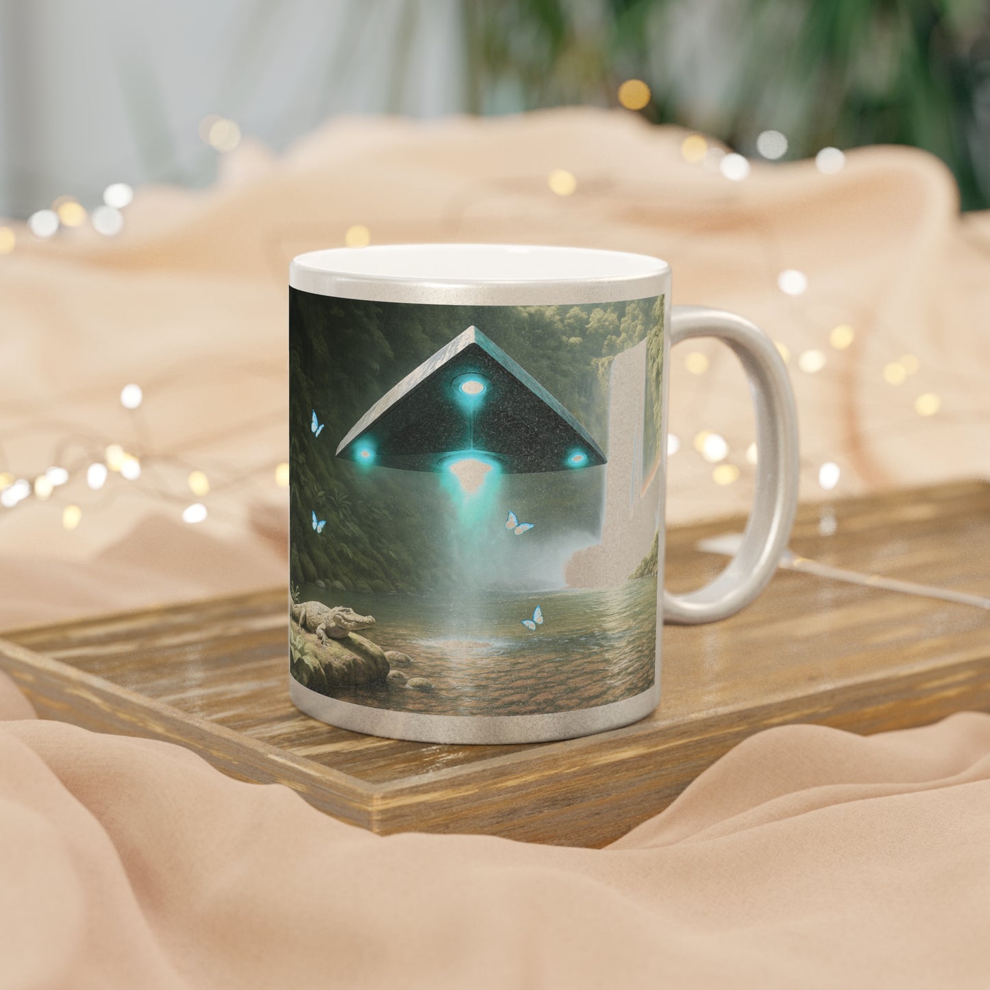 Tropical Metallic Mug, Gold or Silver: UFO & Waterfall