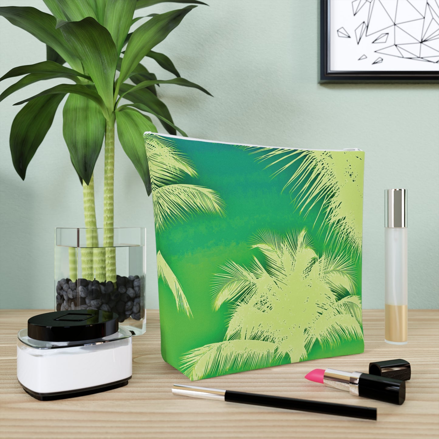 Tropical Cotton Cosmetic Bag, Makeup Pouch, 5 Sizes / Palm Glow, Green