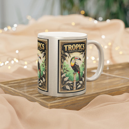 Tropical Metallic Mug, Gold or Silver: Our Coffee Brand, Pearl Parrot Poster